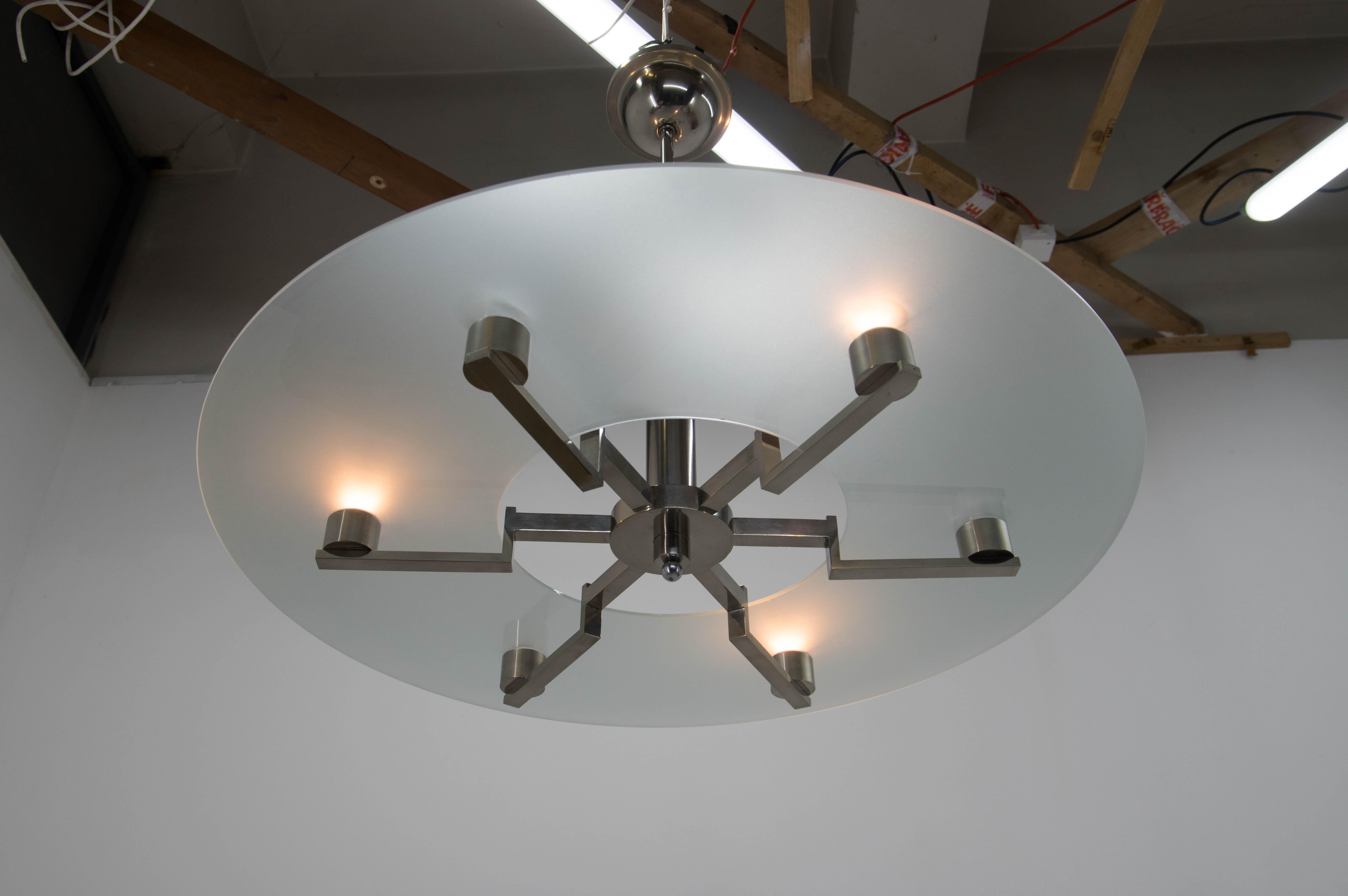 Large Functionalist 6-Flamming Nickel-Plated Chandelier, 1930s For Sale 4