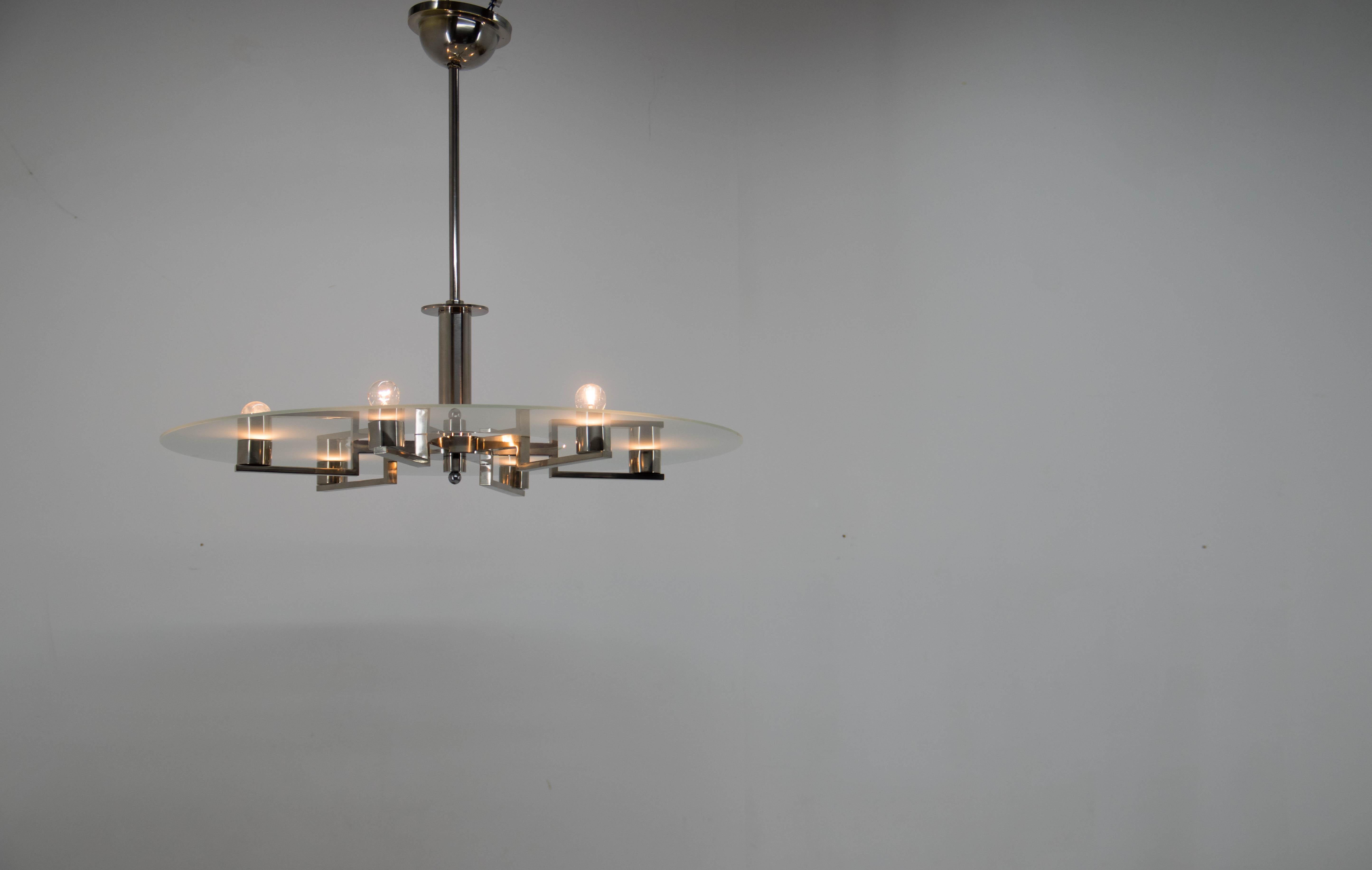 Large Functionalist 6-Flamming Nickel-Plated Chandelier, 1930s For Sale 5