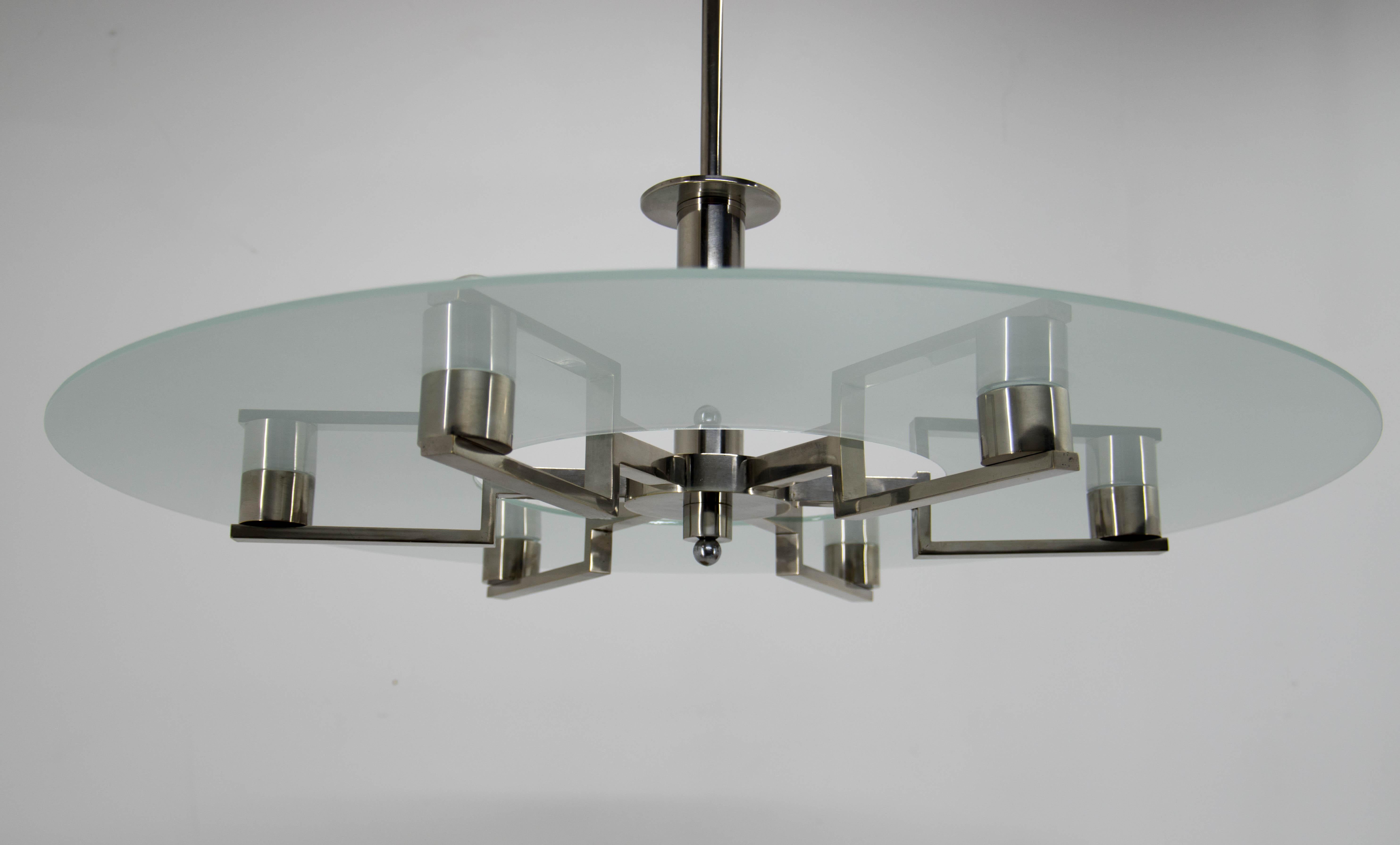 Large Functionalist 6-Flamming Nickel-Plated Chandelier, 1930s For Sale 5