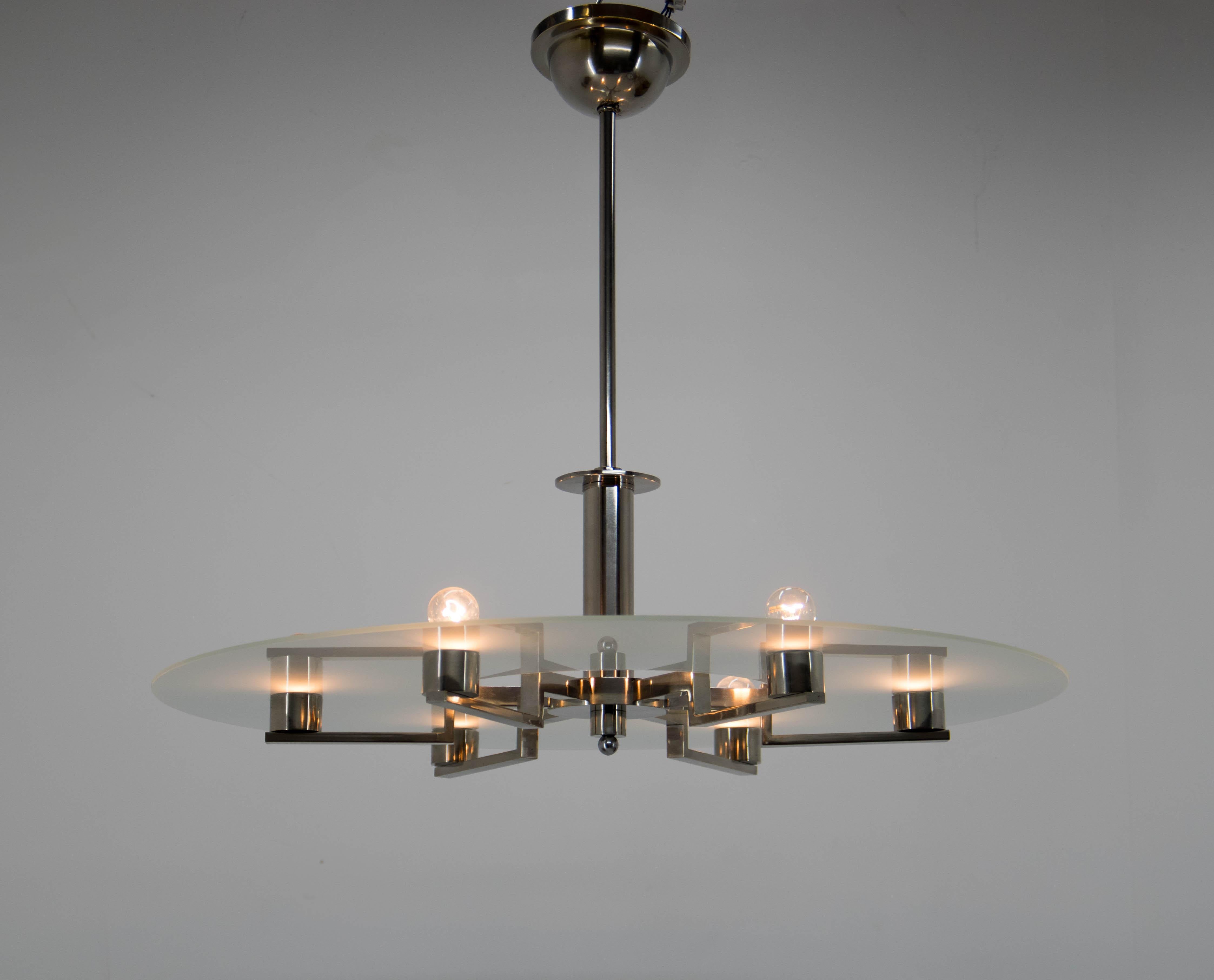Bauhaus Large Functionalist 6-Flamming Nickel-Plated Chandelier, 1930s For Sale