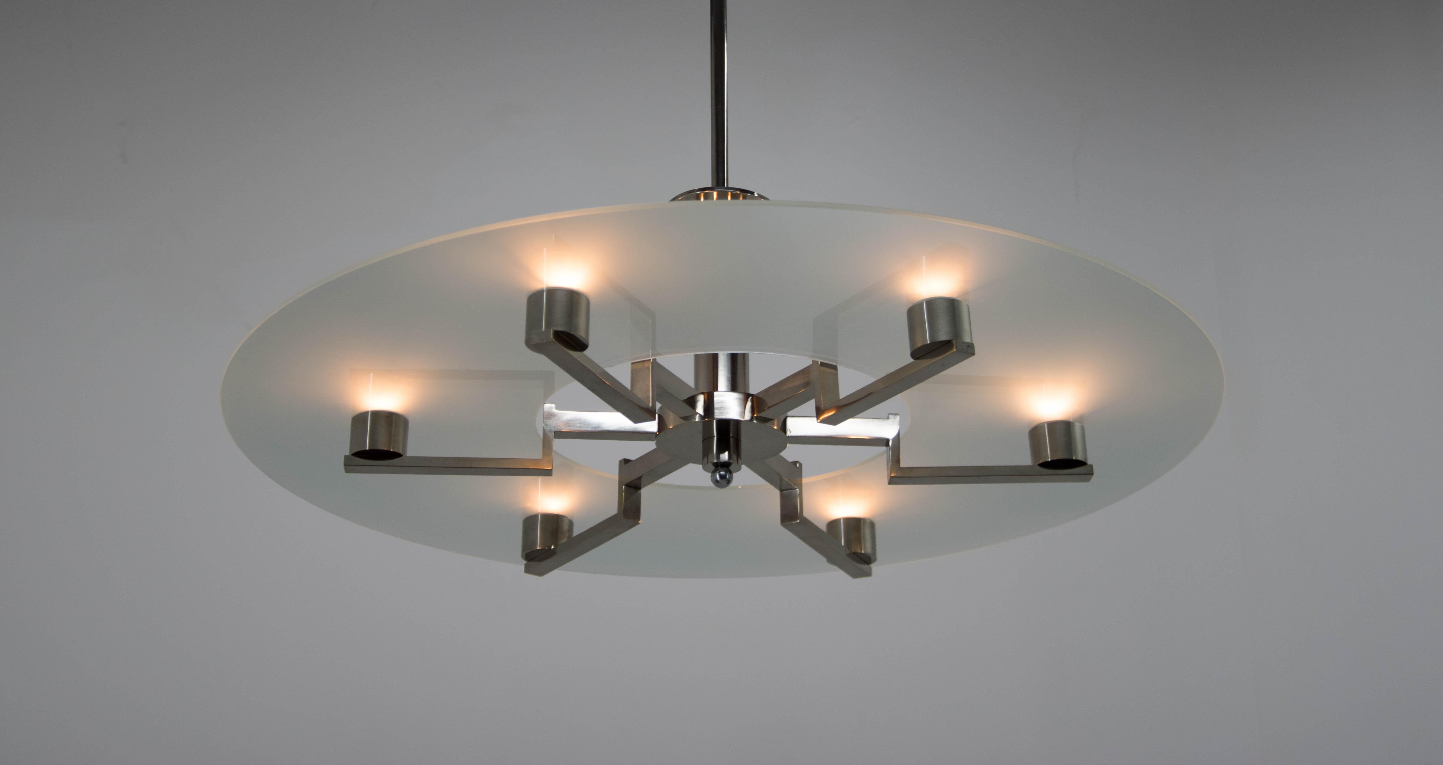 Bauhaus Large Functionalist 6-Flamming Nickel-Plated Chandelier, 1930s For Sale