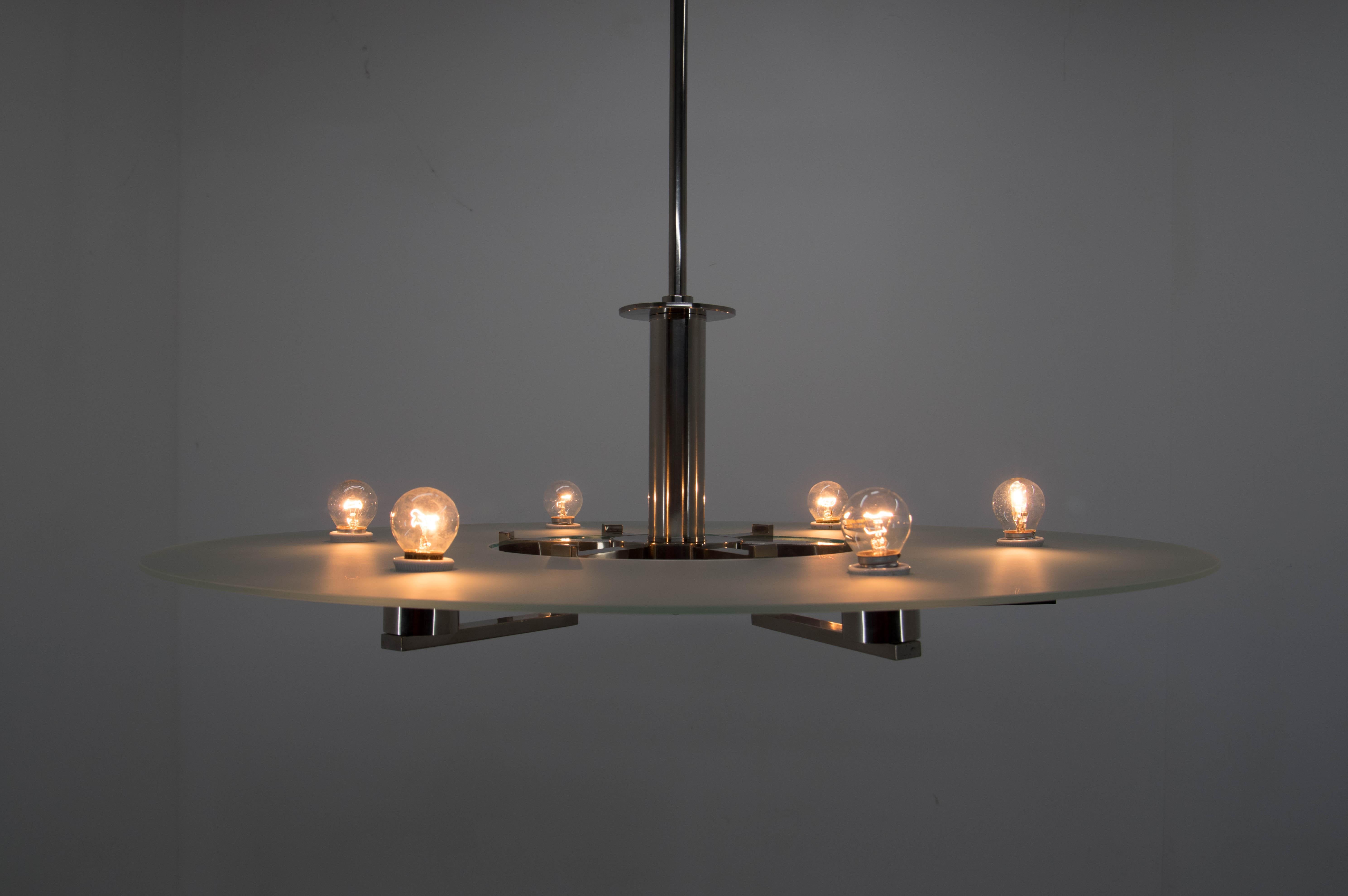Czech Large Functionalist 6-Flamming Nickel-Plated Chandelier, 1930s