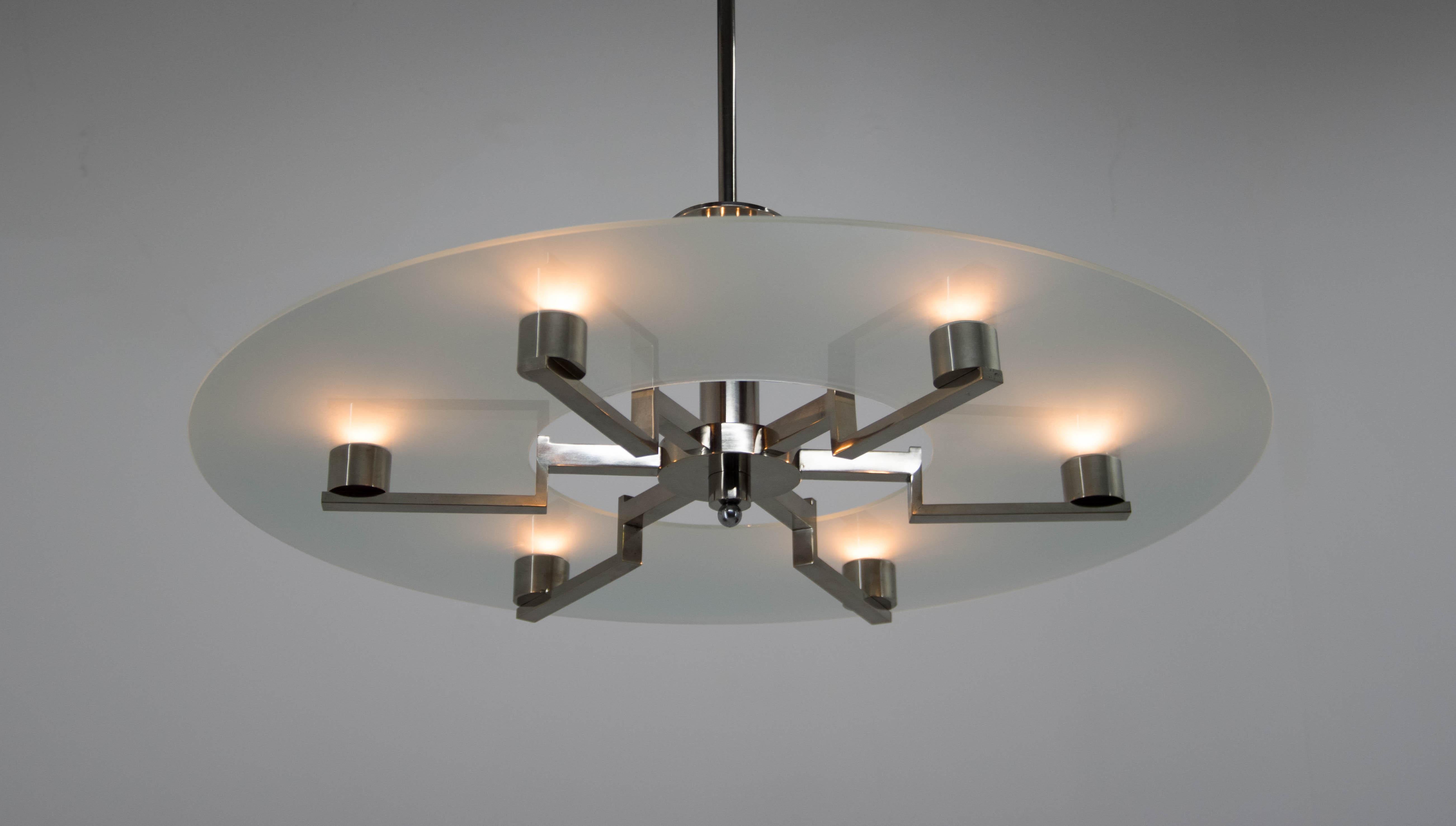 Czech Large Functionalist 6-Flamming Nickel-Plated Chandelier, 1930s For Sale