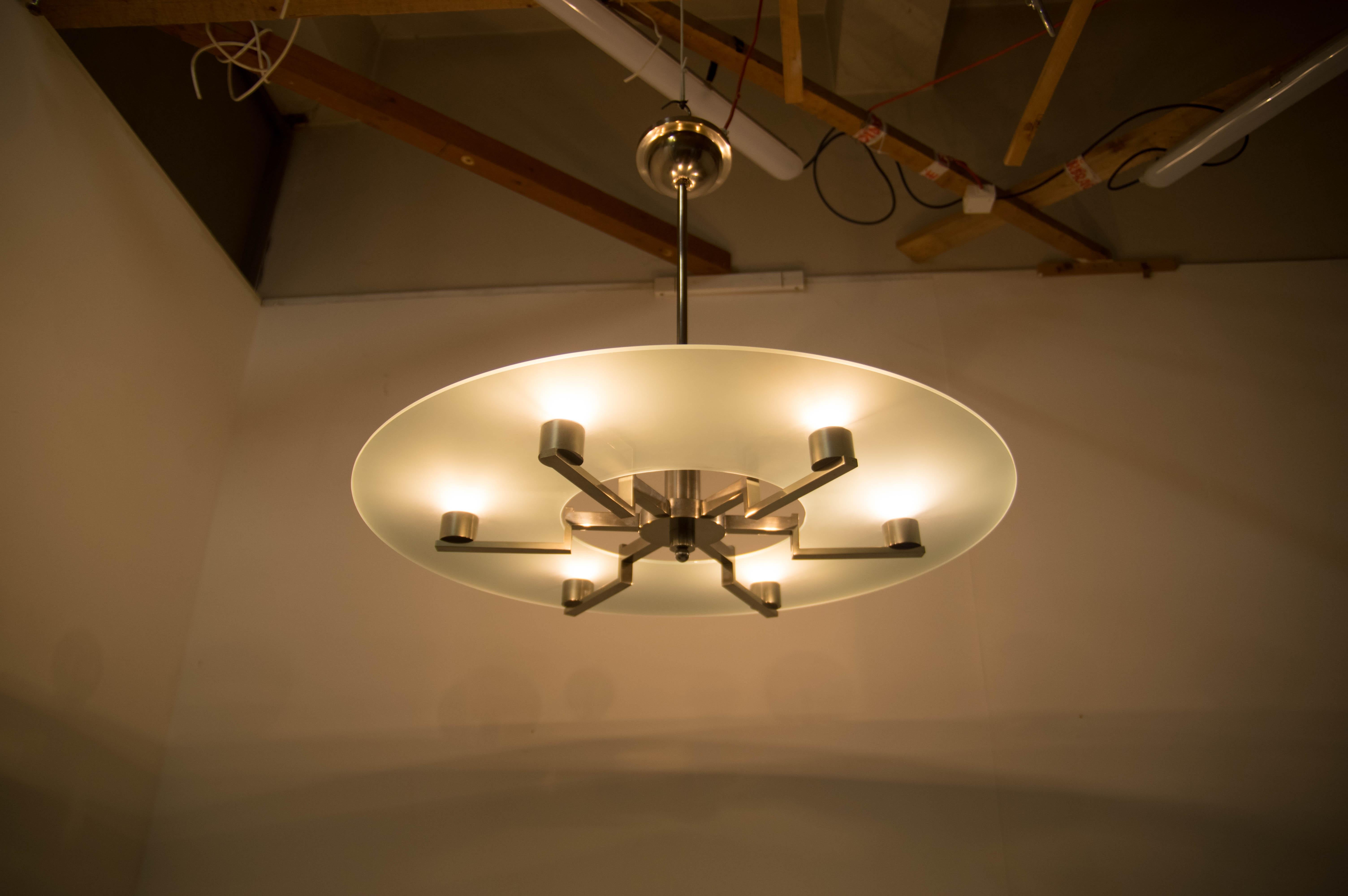 Large Functionalist 6-Flamming Nickel-Plated Chandelier, 1930s In Good Condition In Praha, CZ