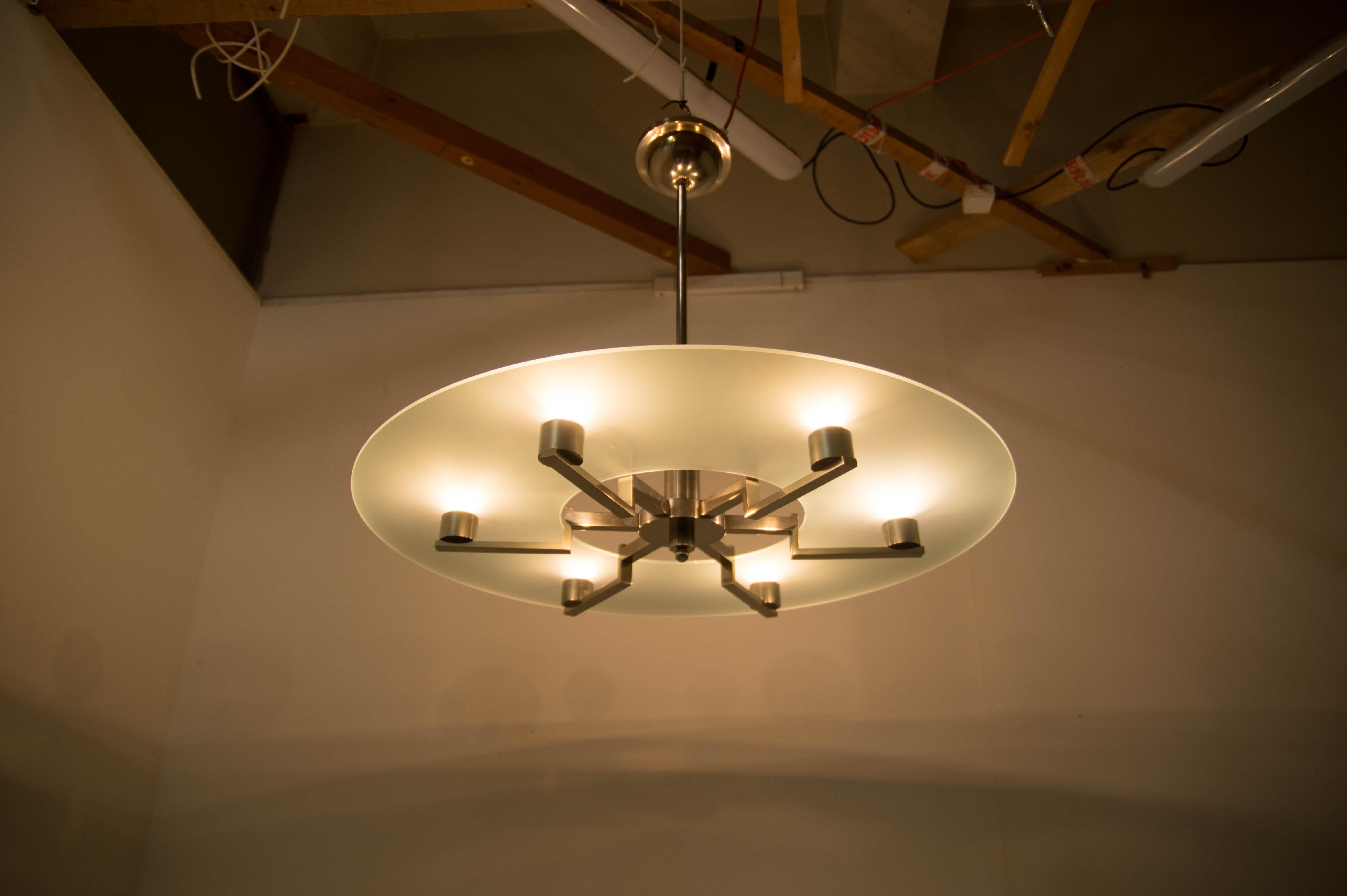 Large Functionalist 6-Flamming Nickel-Plated Chandelier, 1930s In Good Condition For Sale In Praha, CZ