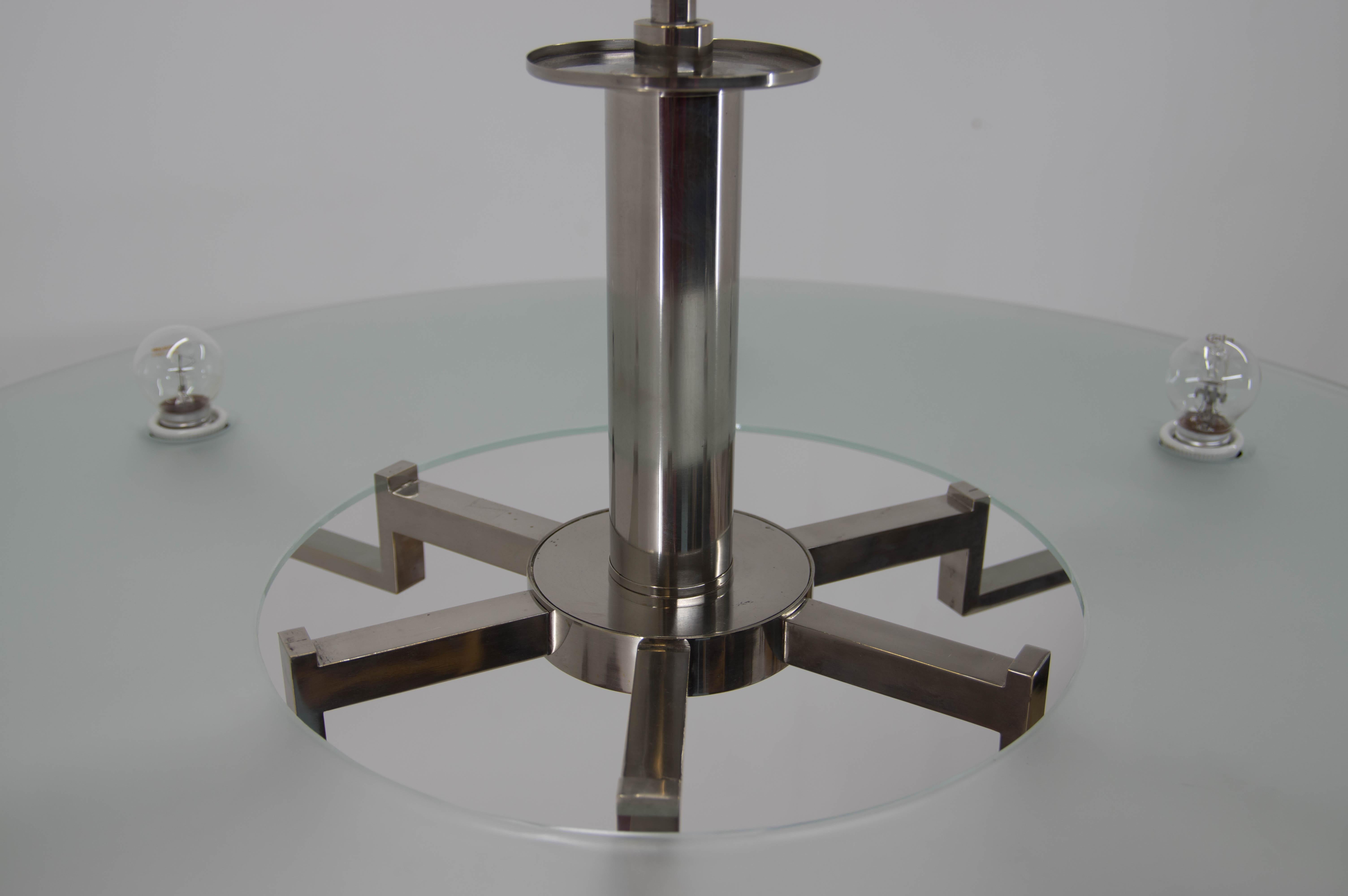 Glass Large Functionalist 6-Flamming Nickel-Plated Chandelier, 1930s For Sale