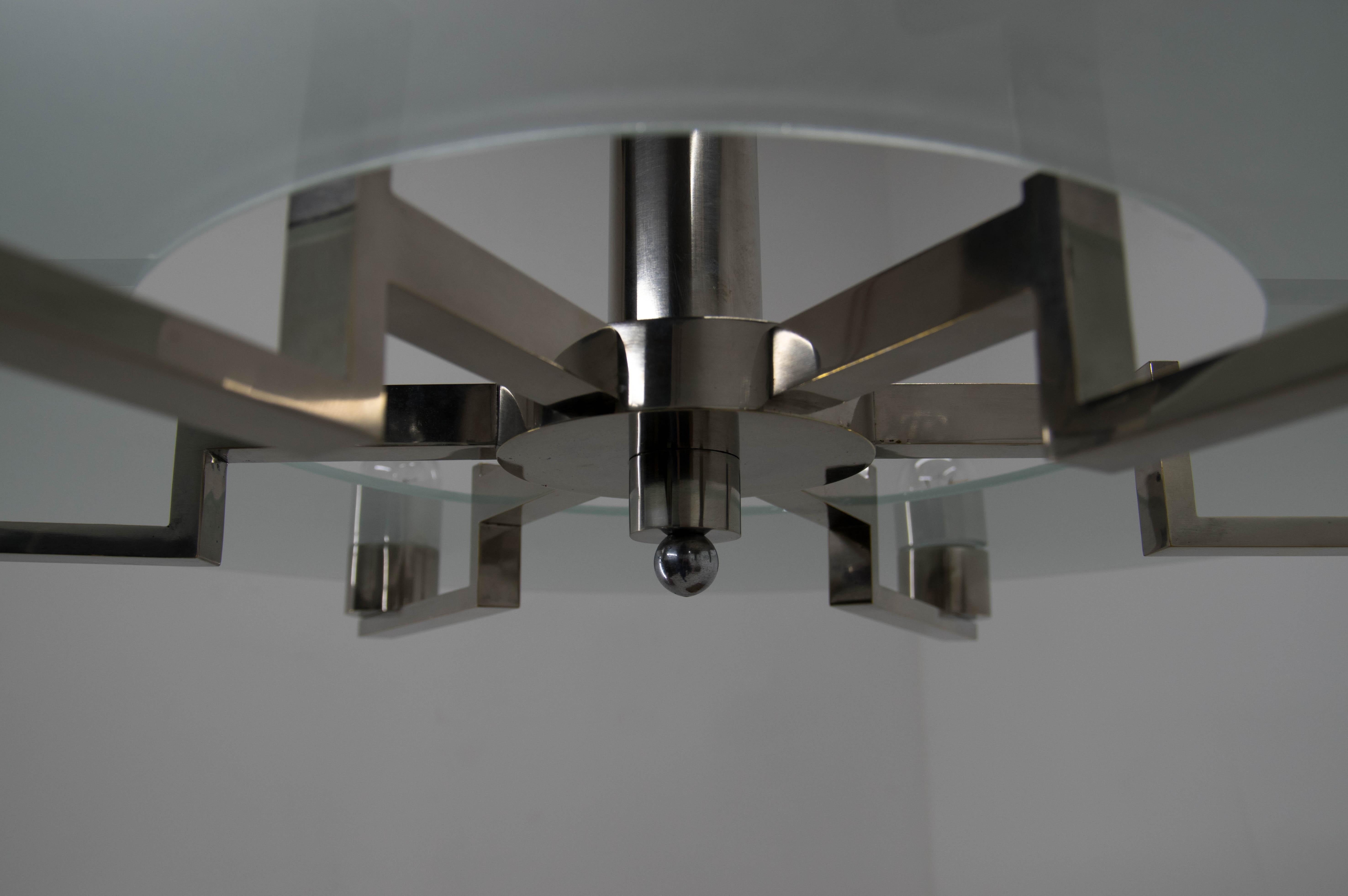 Large Functionalist 6-Flamming Nickel-Plated Chandelier, 1930s For Sale 2