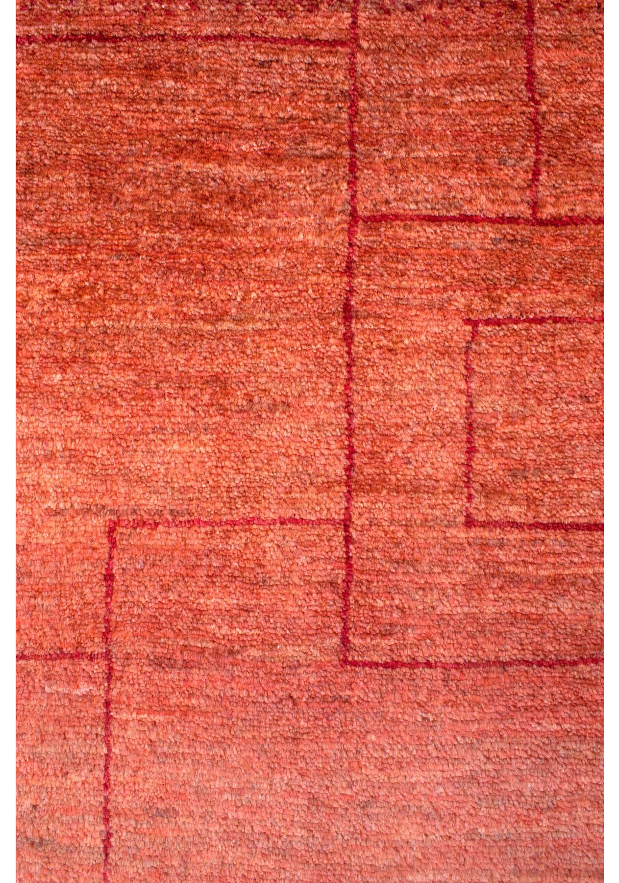 Large Blush and Red Striped Contemporary Gabbeh Persian Wool Rug. Examine this extraordinary rug closely. The bands of blush and red initially appear as great washes, but with a closer look, you'll see whimsical geometric details within the fields.