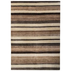 Large Brown and Cream Striped Contemporary Gabbeh Persian Wool Rug 