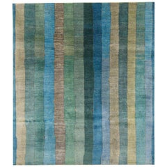 Large Blue and Green Striped Contemporary Gabbeh Persian Wool Rug 