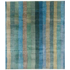 Large Blue and Green Striped Contemporary Gabbeh Persian Wool Rug
