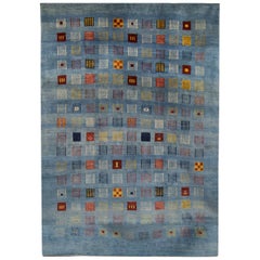 Large Blue Contemporary Tribal Pattern Gabbeh Persian Wool Rug