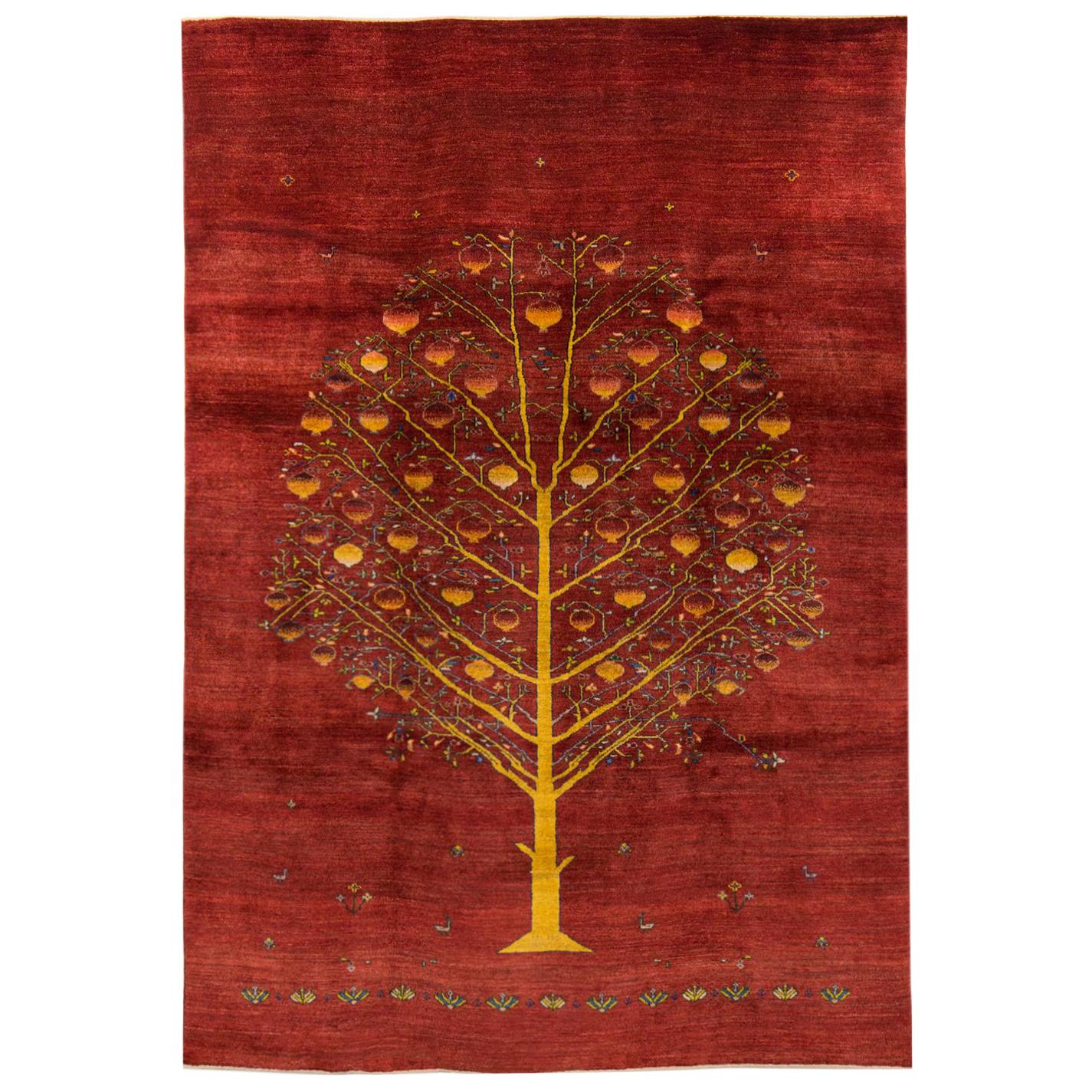 Large Contemporary Red Pomegranate Tree Gabbeh Persian Wool Rug  For Sale