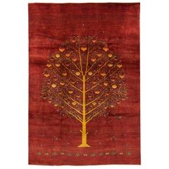 Large Contemporary Red Pomegranate Tree Gabbeh Persian Wool Rug 