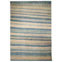 Large Contemporary Ocean Blue and Sandy Brown Striped Gabbeh Persian Wool Rug 