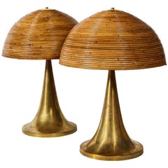 Large Gabriella Crespi Style Bamboo Pair of Table Lamps with Brass Bases