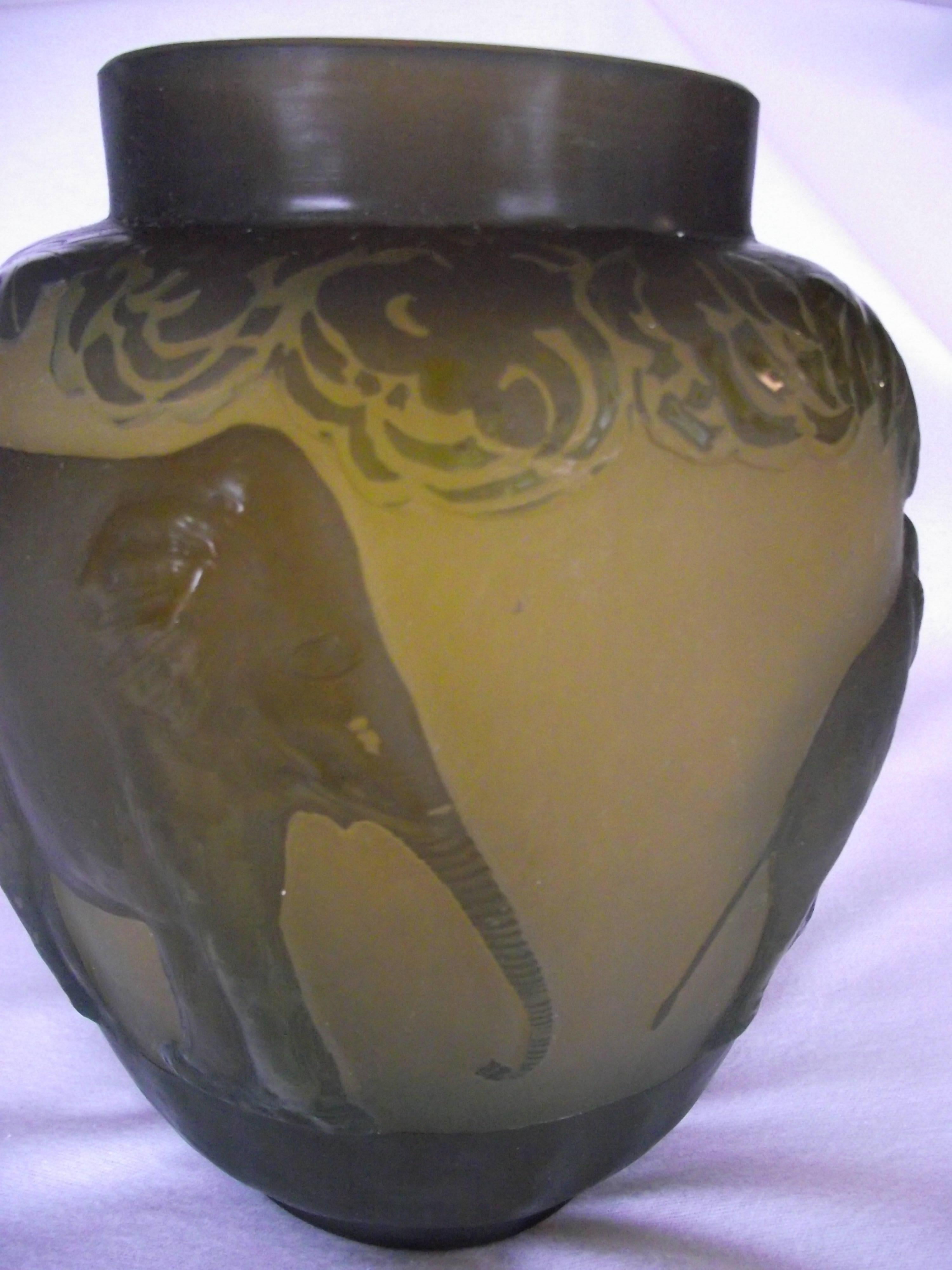 Art Nouveau Large Galle Elephant Vase, Cameo Glass Elephant Vase, Signed Galle Vase