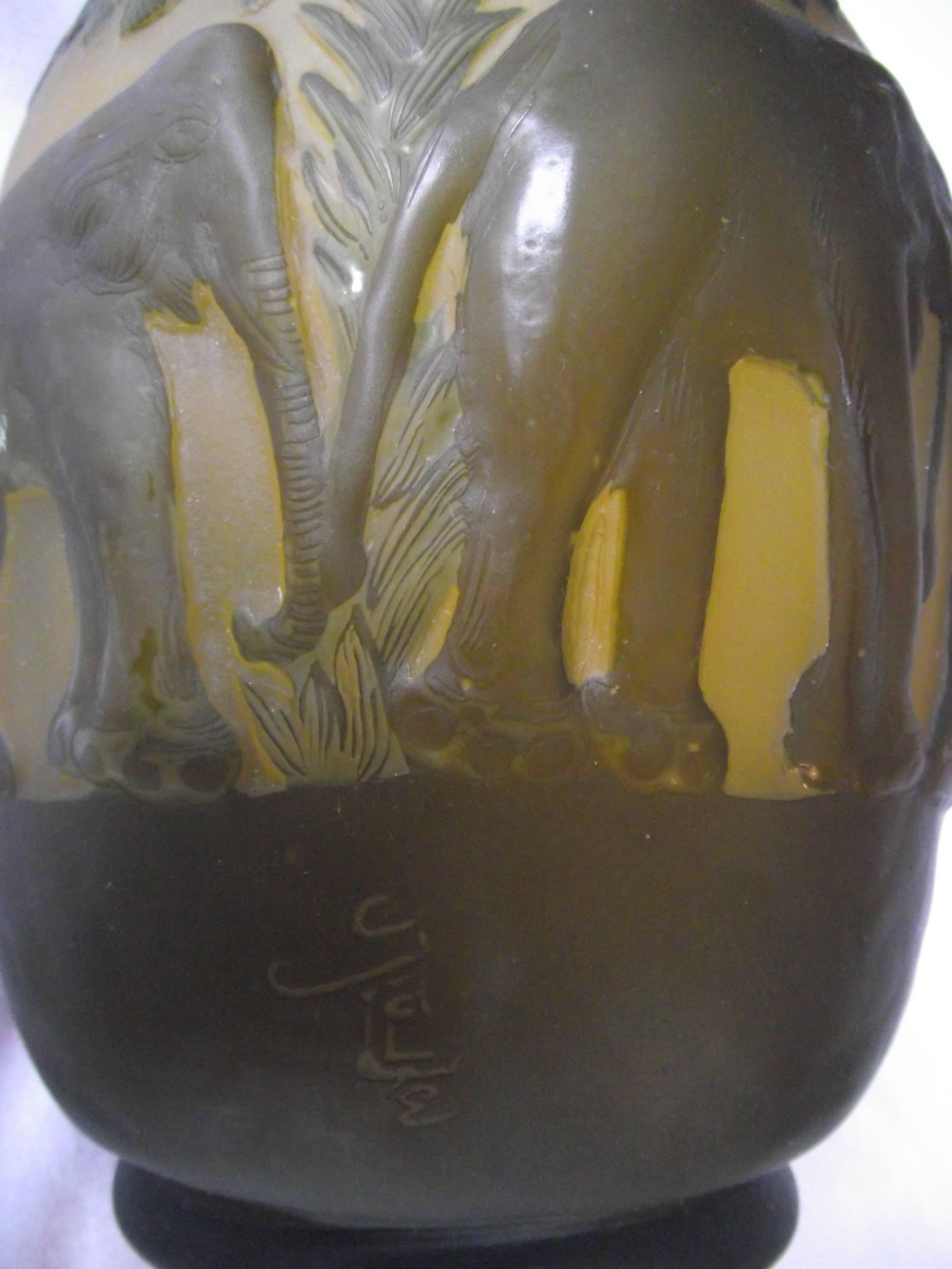 Art Nouveau Large Galle Elephant Vase, Cameo Glass Elephant Vase, Signed Galle Vase