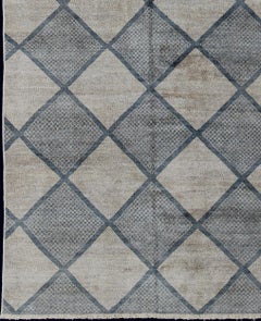Modern Gallery Rug with Large-Scale Diamond Pattern in Cream and Slate Blue