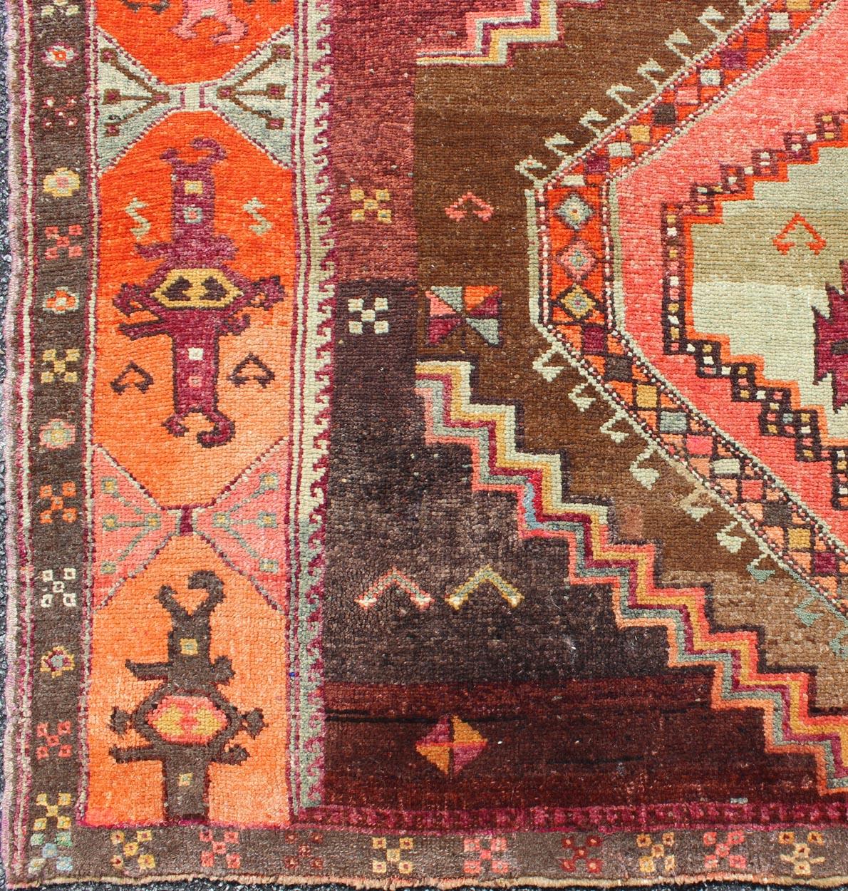 Oushak Large Gallery Rug with Geometric Medallions in Dark Brown, Orange & Multi Colors For Sale