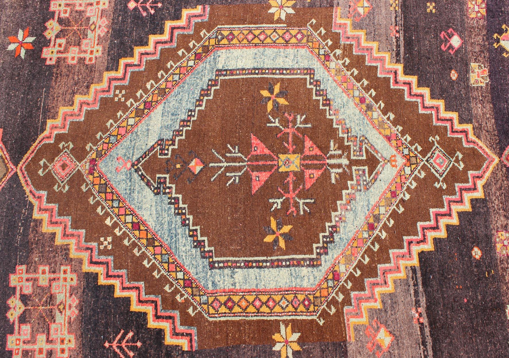 Turkish Large Gallery Rug with Geometric Medallions in Dark Brown, Orange & Multi Colors For Sale