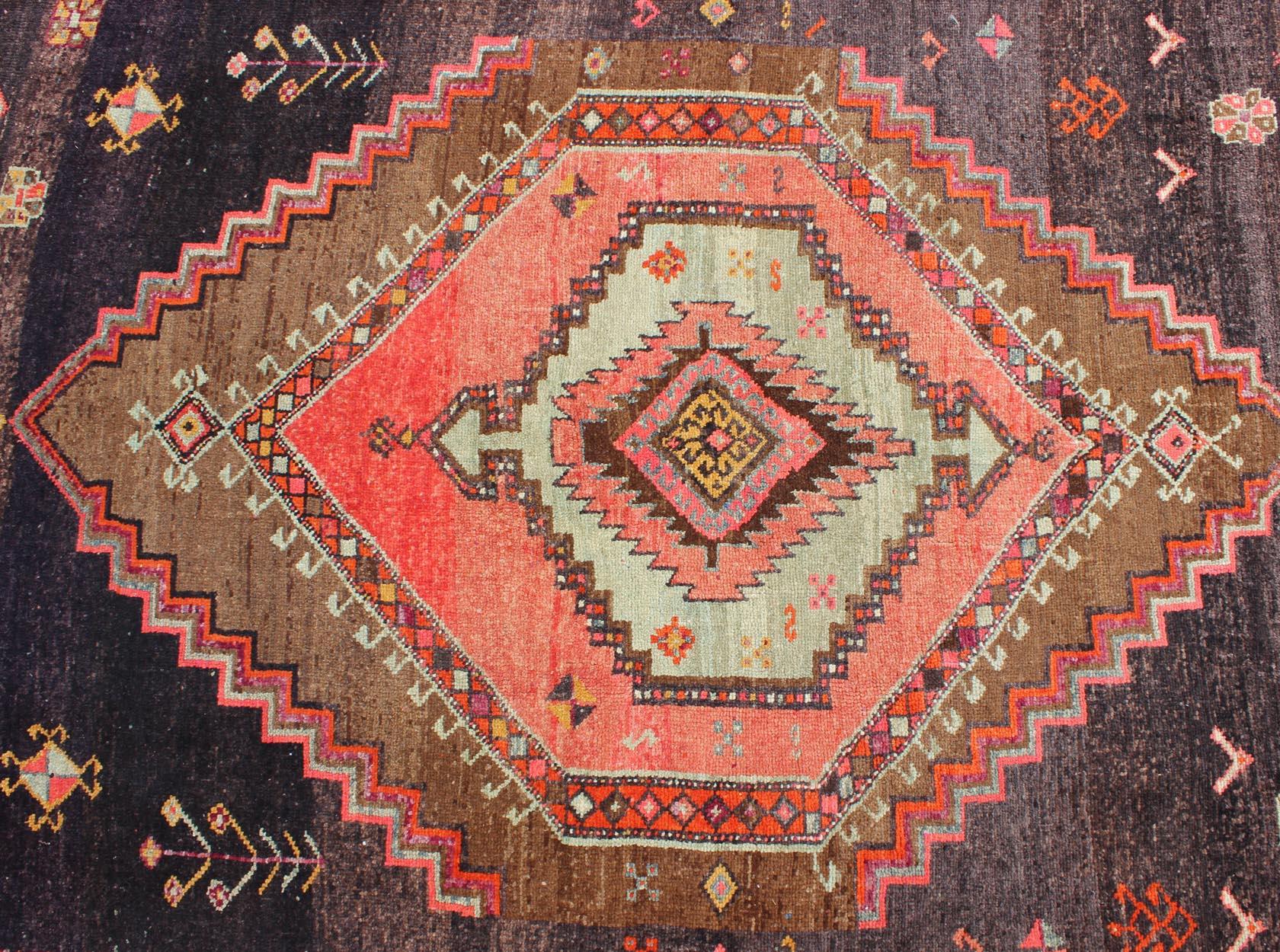 Hand-Knotted Large Gallery Rug with Geometric Medallions in Dark Brown, Orange & Multi Colors For Sale