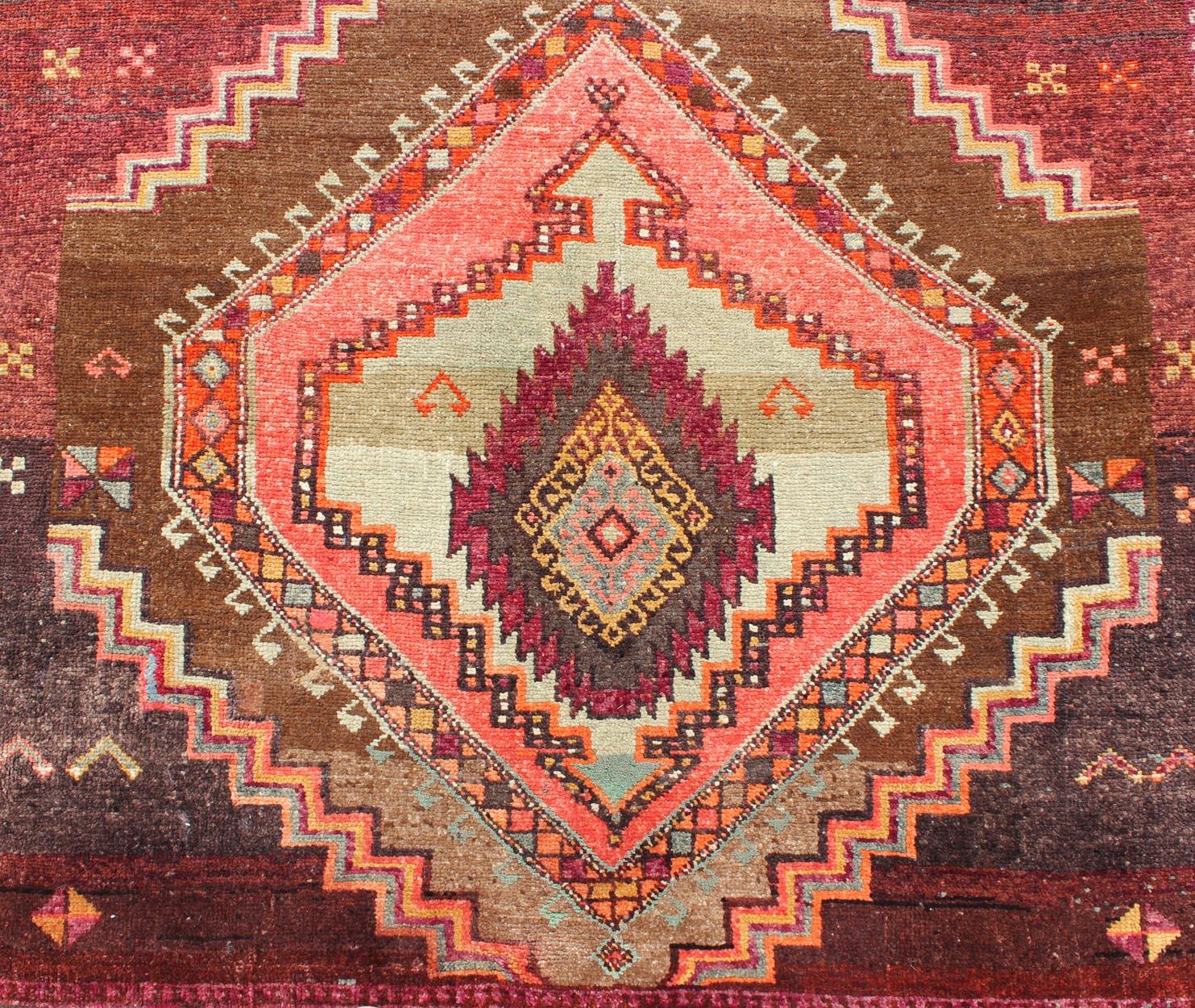 Large Gallery Rug with Geometric Medallions in Dark Brown, Orange & Multi Colors In Excellent Condition For Sale In Atlanta, GA