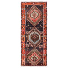 Vintage Large Gallery Rug with Geometric Medallions in Dark Brown, Orange & Multi Colors