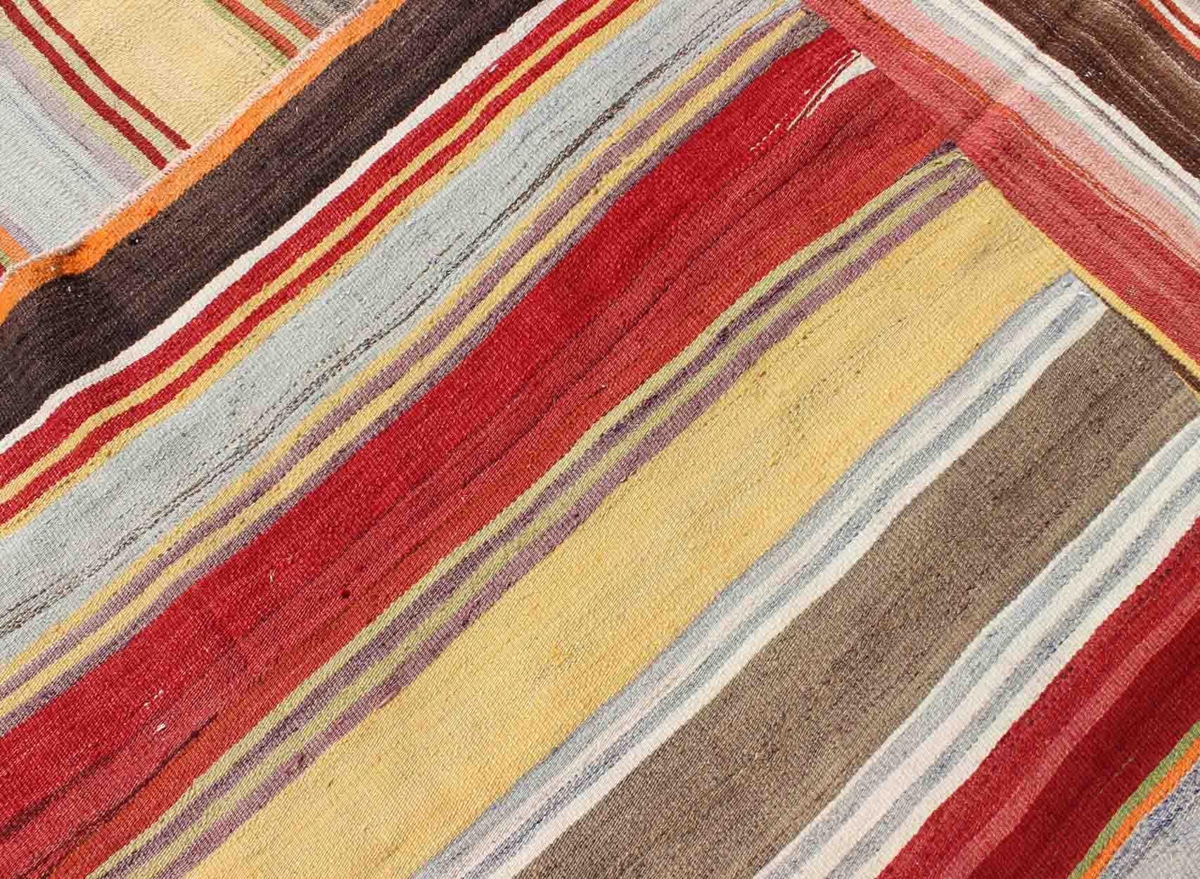 Colorful Large Gallery Runner Kilim Flat-Weave Rug with Horizontal Stripe Design For Sale 3