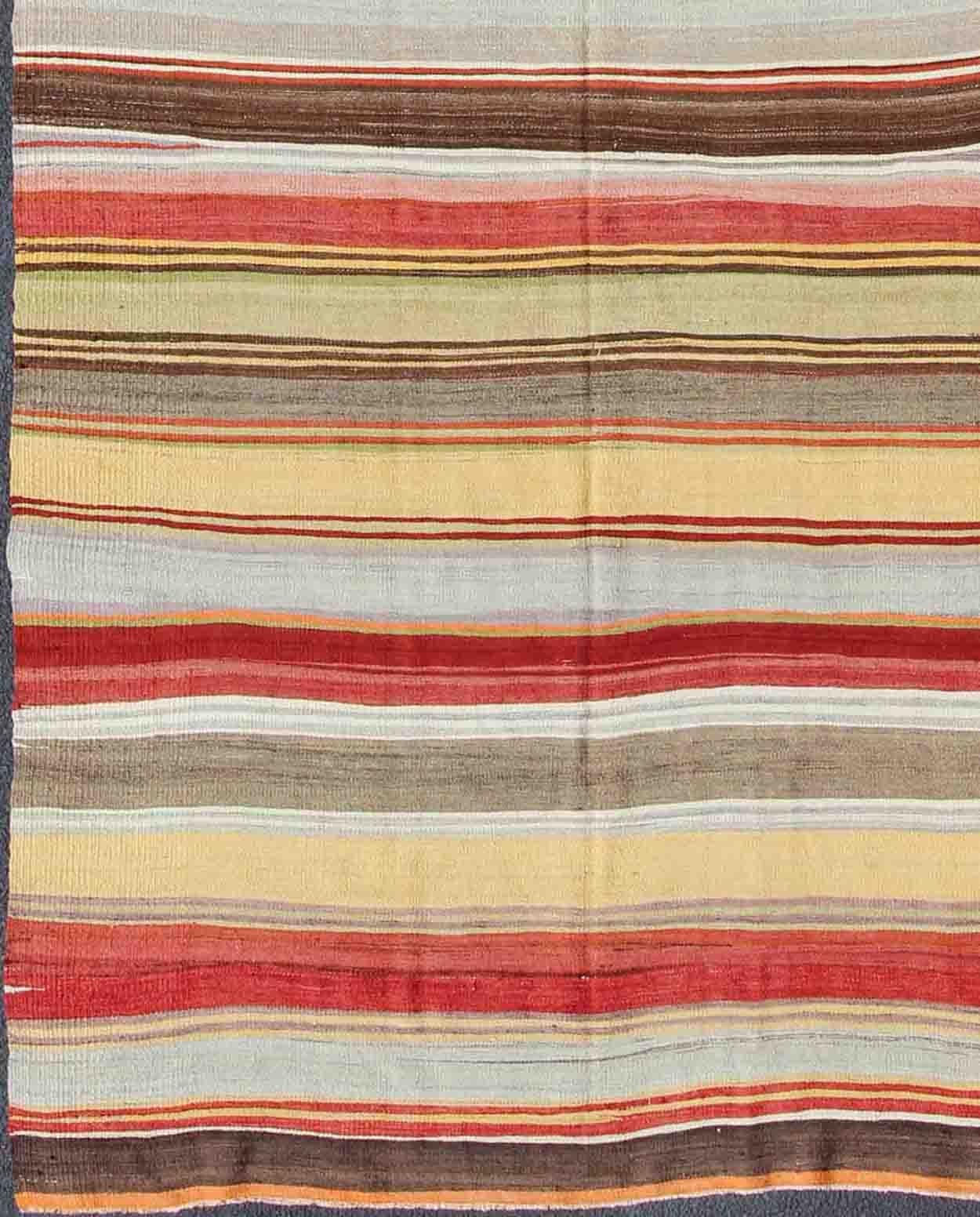 Large Gallery Kilim Flat-Weave Runner with Horizontal Stripe Design, Keivan Woven Arts/ rug mtu-95041, country of origin / type: Turkey / Kilim, circa mid-20th century

Measures: 6'2 x 14'

Featuring a repeating horizontal stripe design, this unique