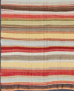 Colorful Large Gallery Runner Kilim Flat-Weave Rug with Horizontal Stripe Design