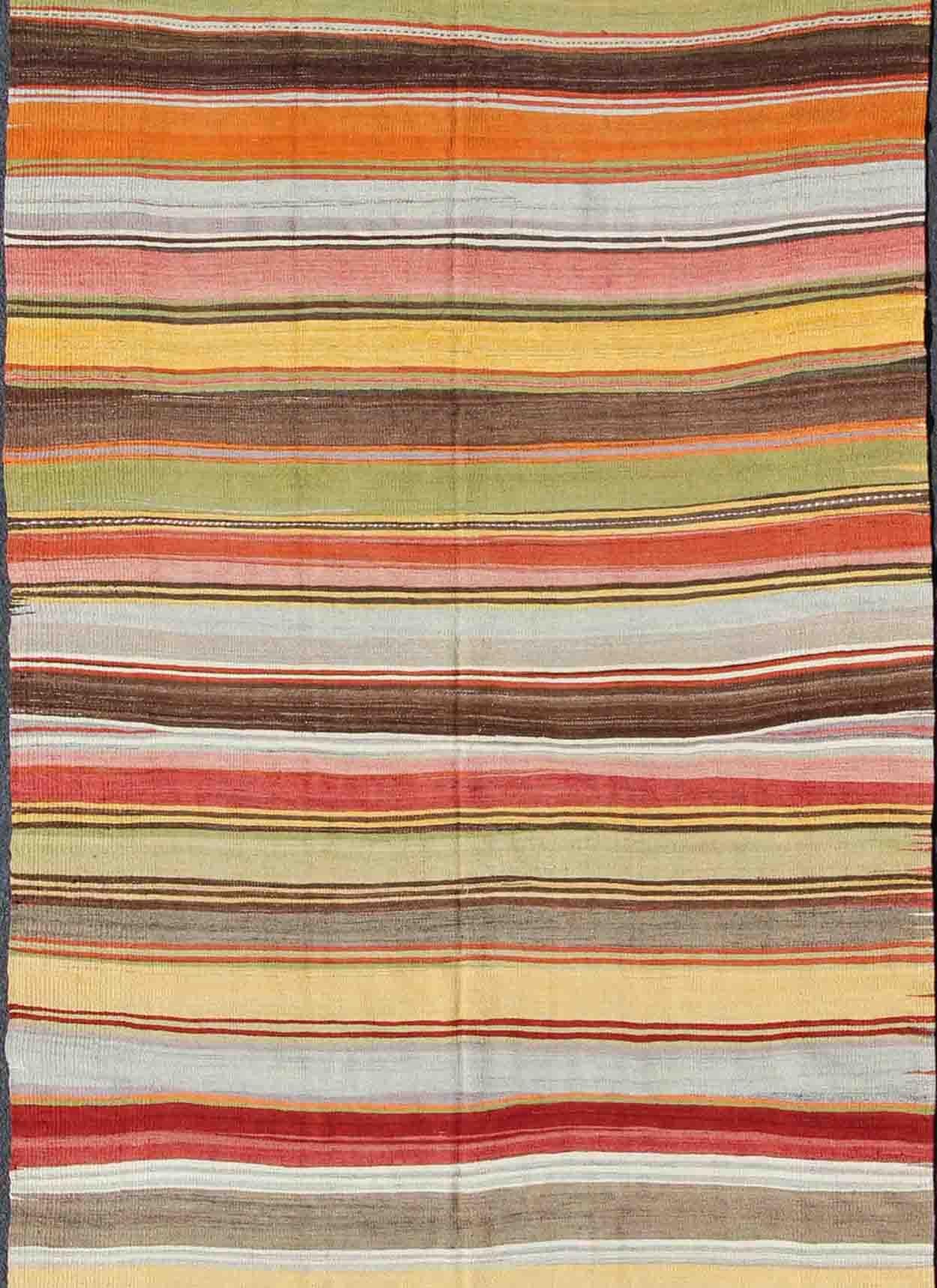 Turkish Colorful Large Gallery Runner Kilim Flat-Weave Rug with Horizontal Stripe Design For Sale