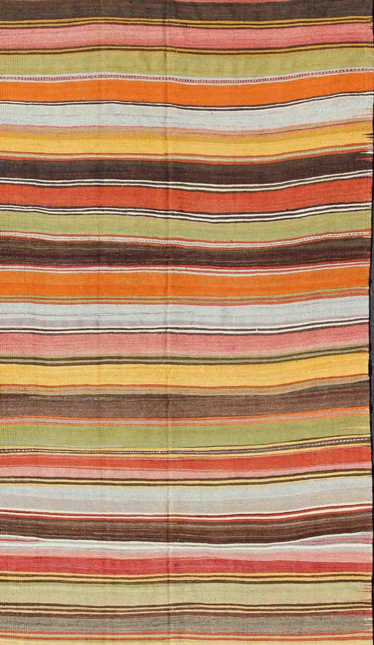 Hand-Woven Colorful Large Gallery Runner Kilim Flat-Weave Rug with Horizontal Stripe Design For Sale