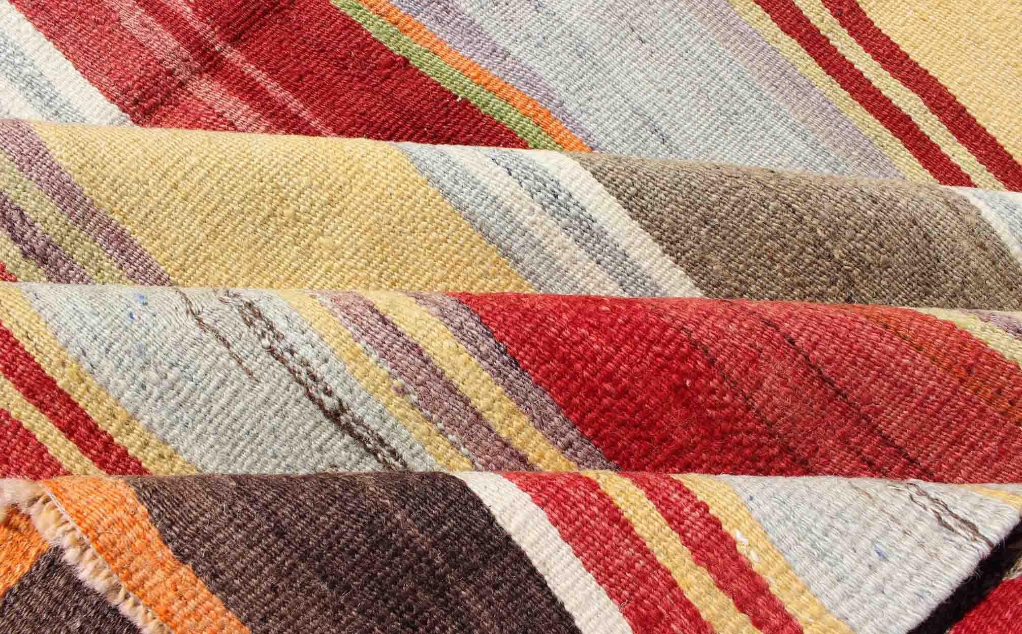 Colorful Large Gallery Runner Kilim Flat-Weave Rug with Horizontal Stripe Design In Excellent Condition For Sale In Atlanta, GA