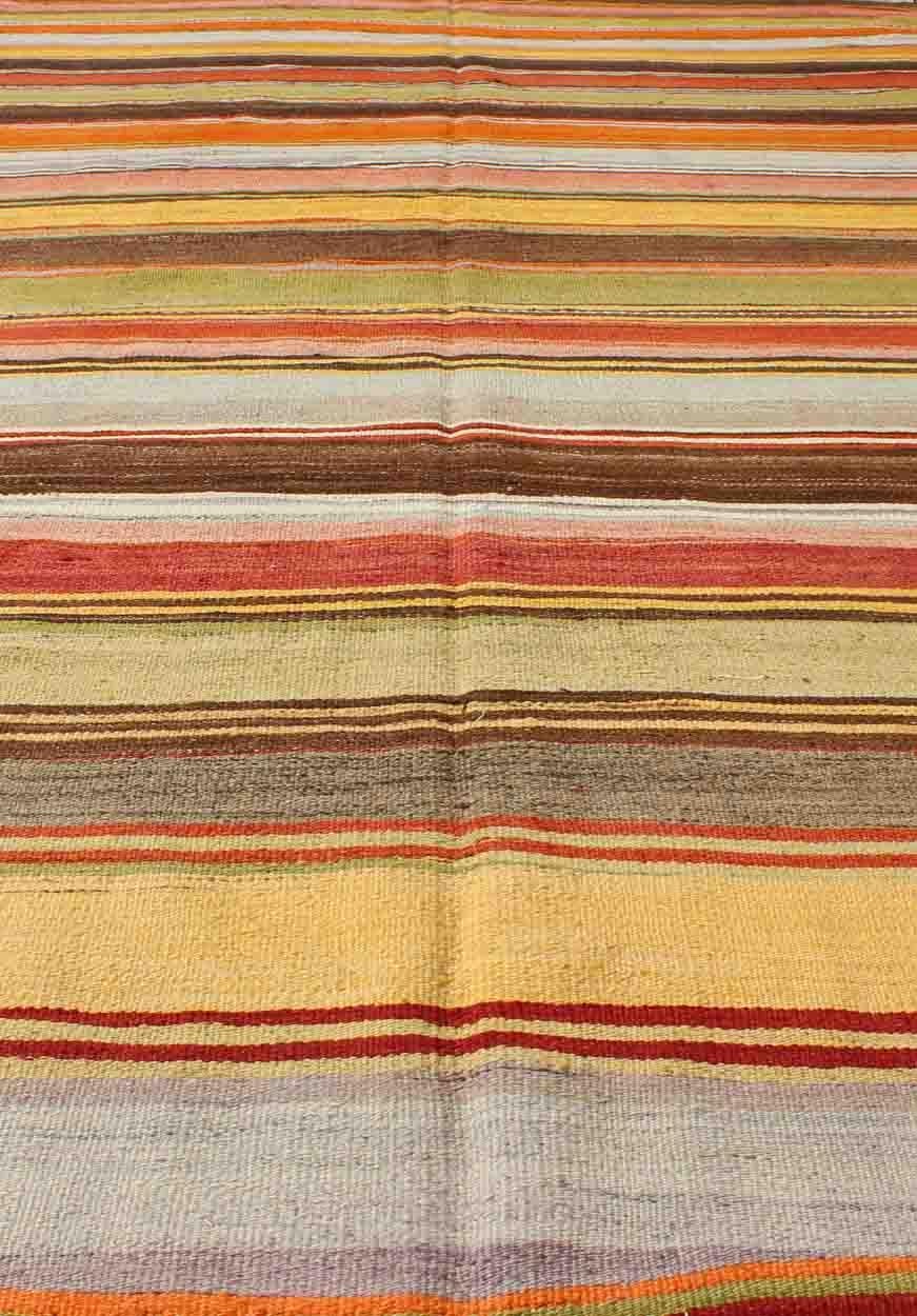 20th Century Colorful Large Gallery Runner Kilim Flat-Weave Rug with Horizontal Stripe Design For Sale