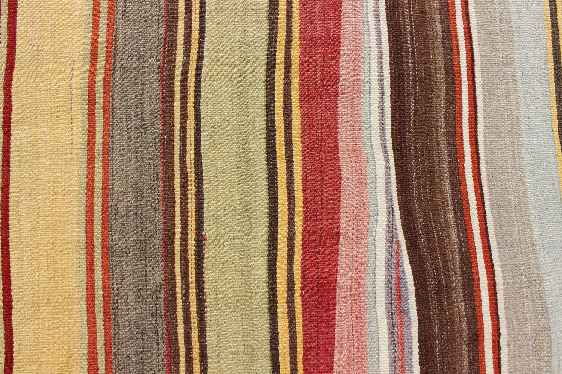 Colorful Large Gallery Runner Kilim Flat-Weave Rug with Horizontal Stripe Design For Sale 1