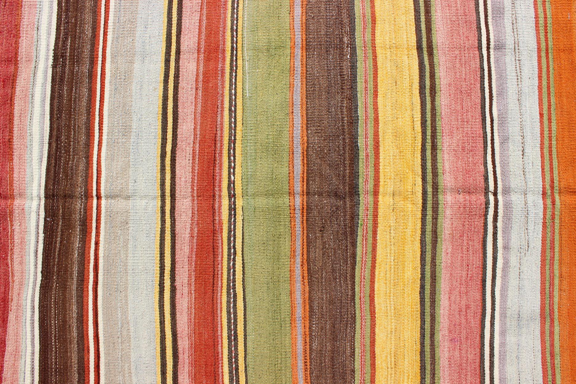 Colorful Large Gallery Runner Kilim Flat-Weave Rug with Horizontal Stripe Design For Sale 2