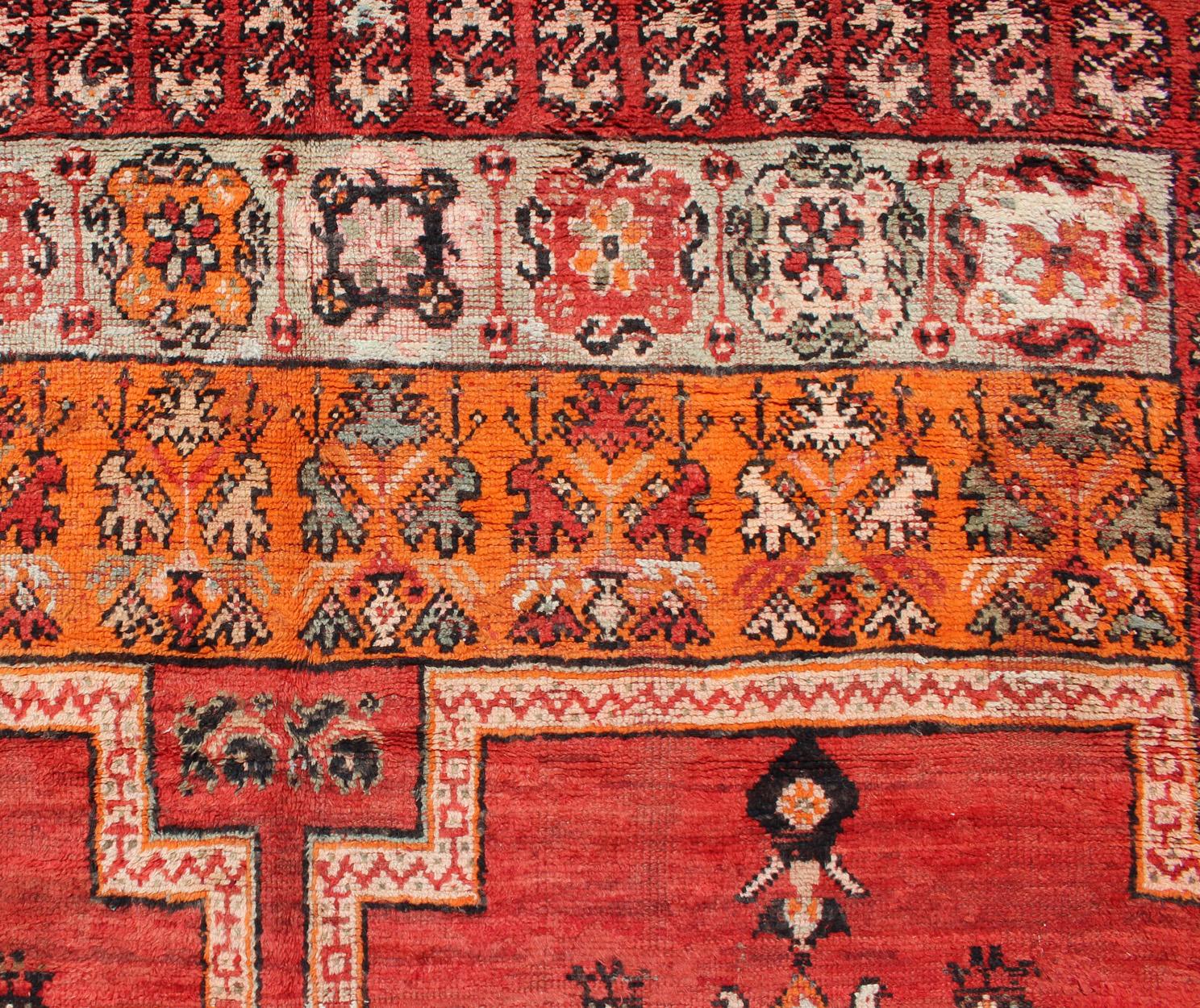 Large Vintage Moroccan Gallery Rug with Tribal Design in Red, Ivory and Orange For Sale 1