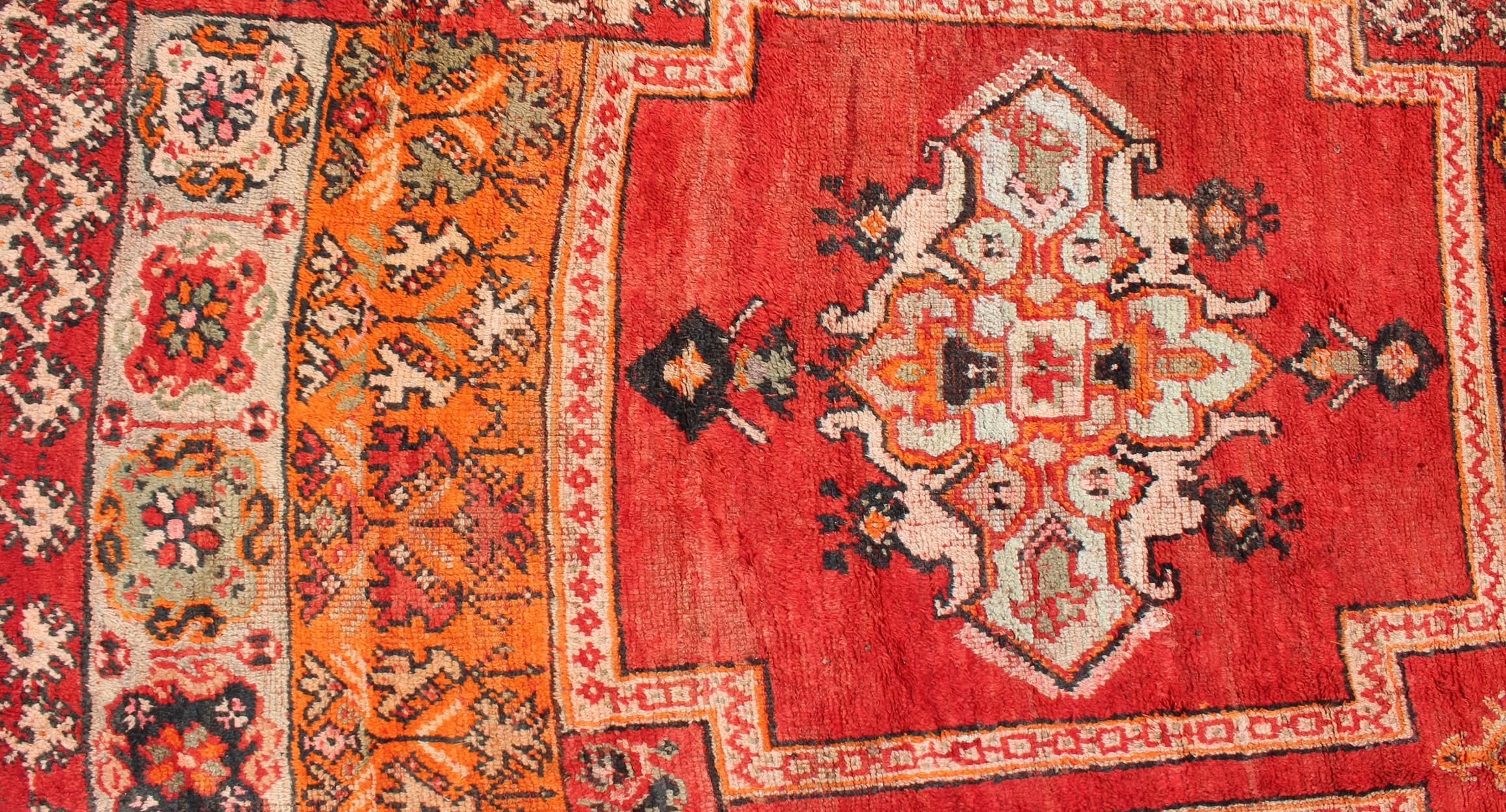 Large Vintage Moroccan Gallery Rug with Tribal Design in Red, Ivory and Orange For Sale 3