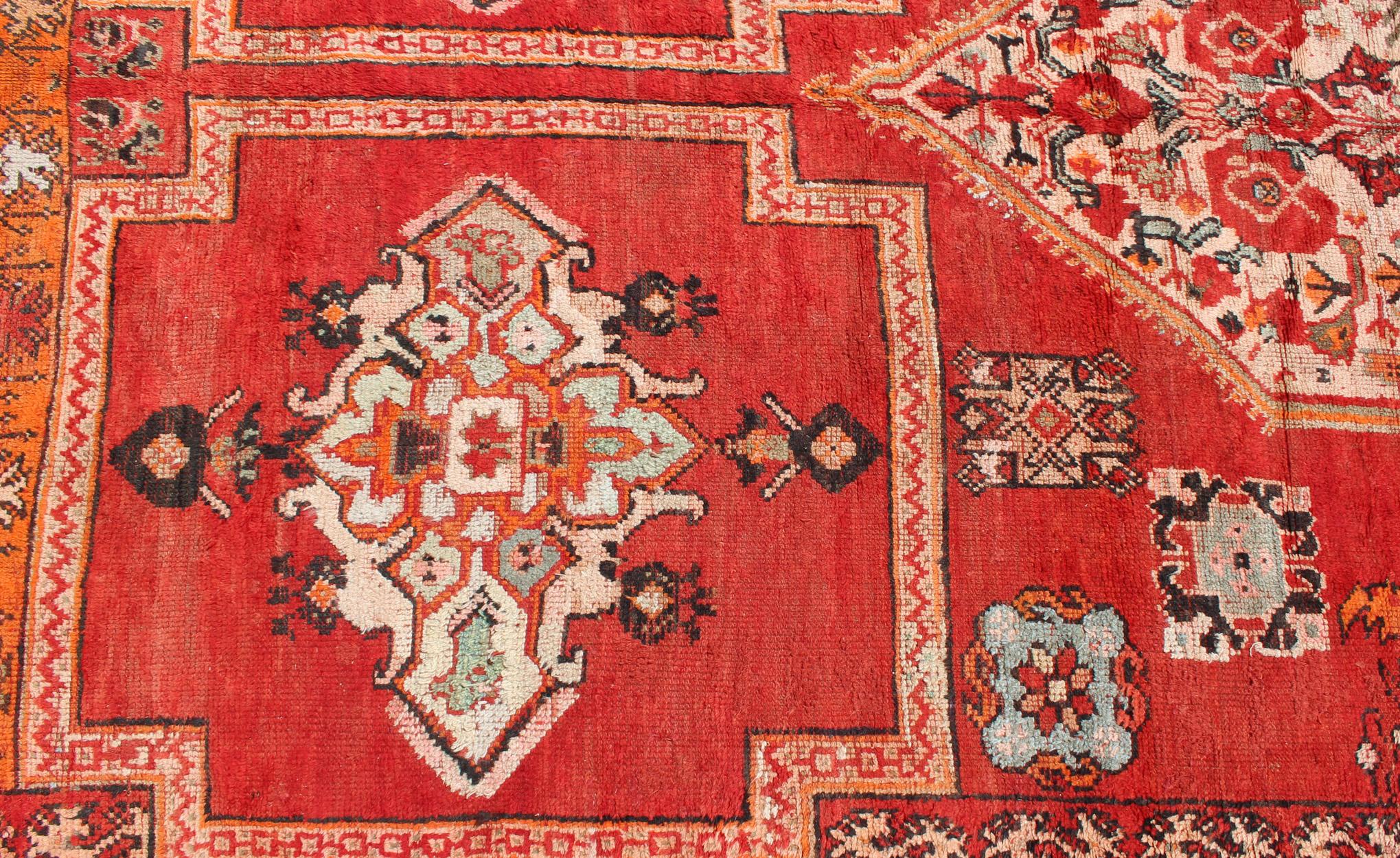 Large Vintage Moroccan Gallery Rug with Tribal Design in Red, Ivory and Orange For Sale 5