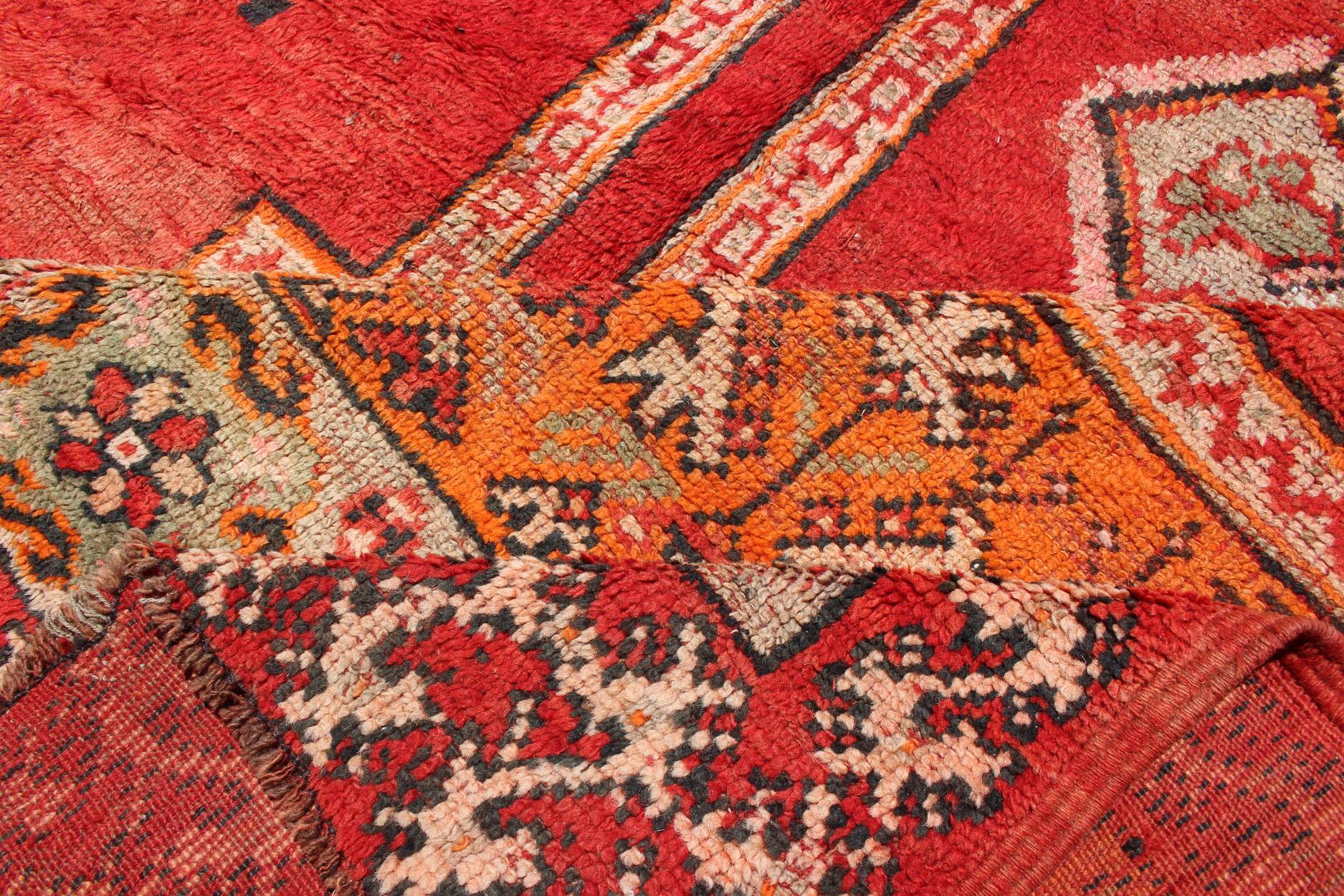 Large Vintage Moroccan Gallery Rug with Tribal Design in Red, Ivory and Orange For Sale 6