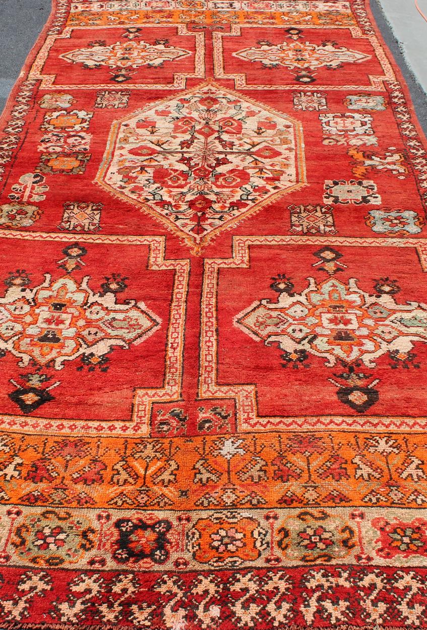 Hand-Knotted Large Vintage Moroccan Gallery Rug with Tribal Design in Red, Ivory and Orange For Sale