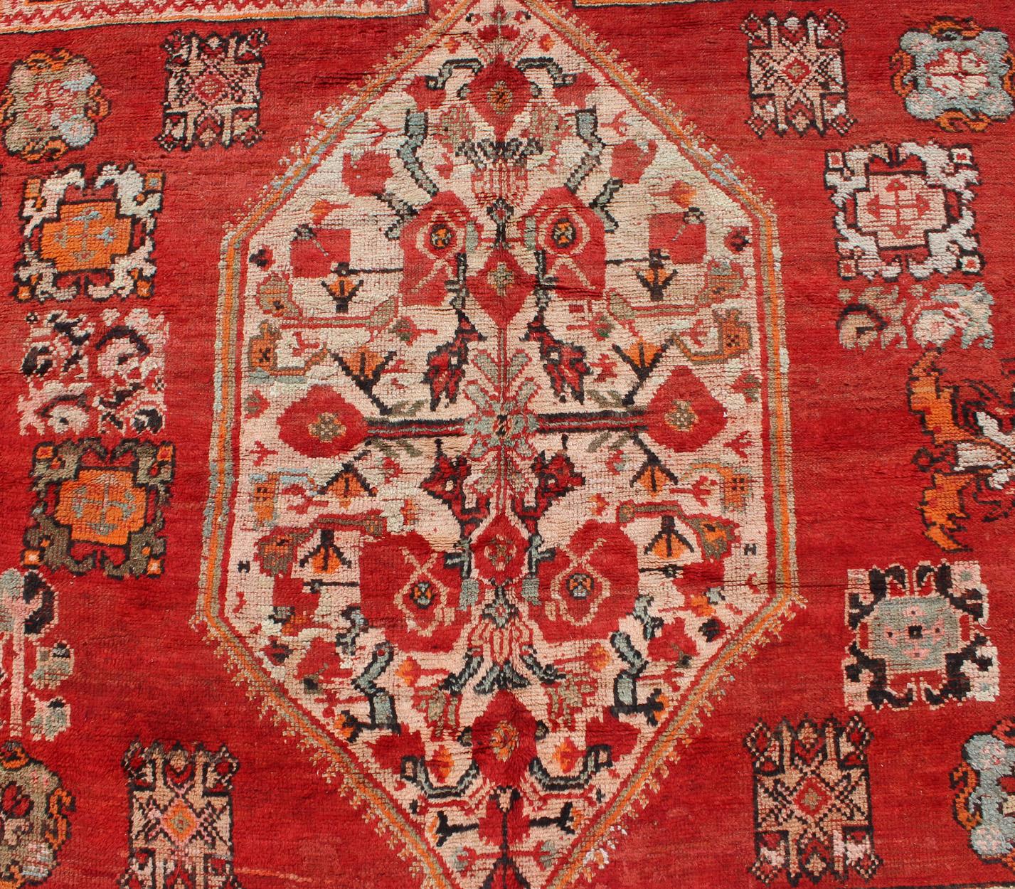 Mid-20th Century Large Vintage Moroccan Gallery Rug with Tribal Design in Red, Ivory and Orange For Sale