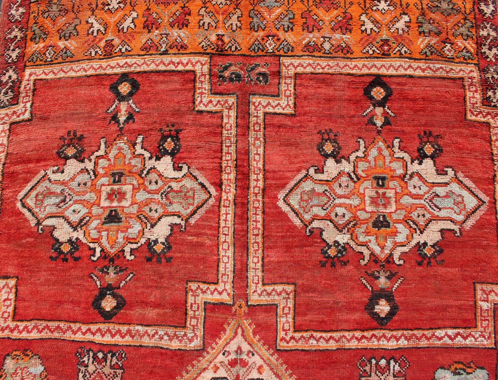 Wool Large Vintage Moroccan Gallery Rug with Tribal Design in Red, Ivory and Orange For Sale