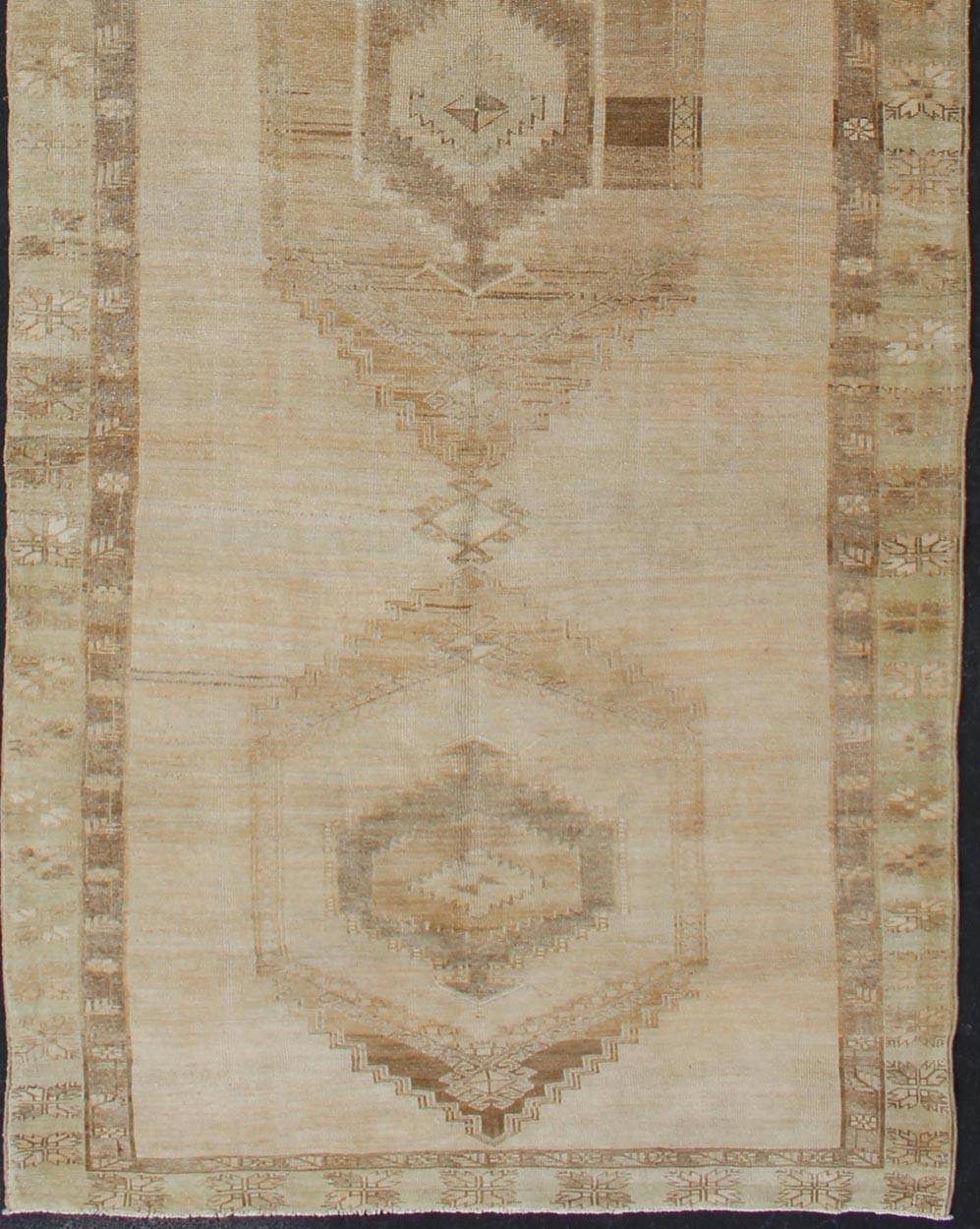 Oushak Large Gallery Runner Turkish Rug in Earth Tones & Light Brown in Medallions For Sale