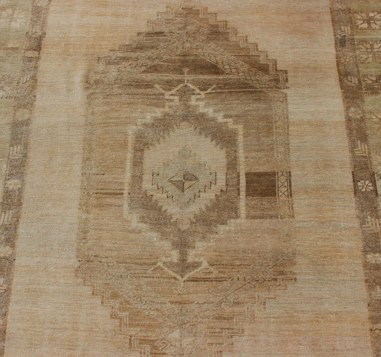 Wool Large Gallery Runner Turkish Rug in Earth Tones & Light Brown in Medallions For Sale