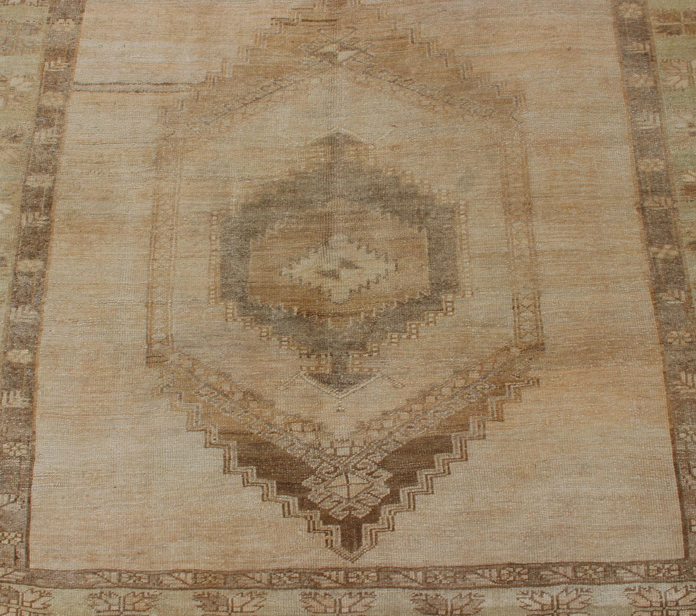 Large Gallery Runner Turkish Rug in Earth Tones & Light Brown in Medallions For Sale 2
