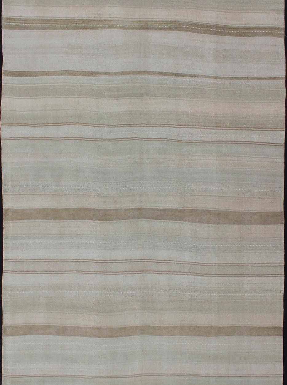 Large Gallery Runner Vintage Turkish Kilim Stripes in Light Camel and Neutral To In Good Condition For Sale In Atlanta, GA