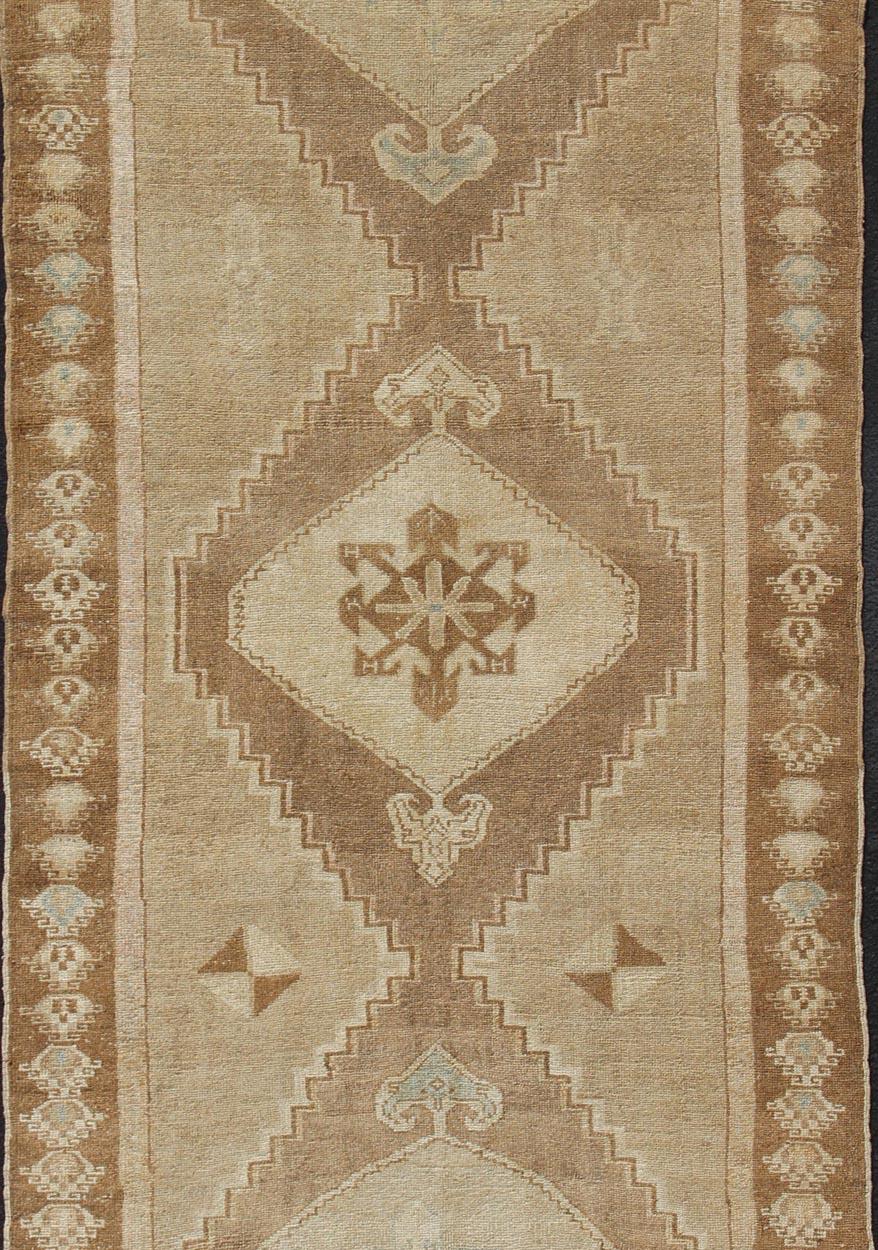 Hand-Knotted Large Gallery Turkish Rug in Earth Tones, Light Brown with Three Medallions For Sale