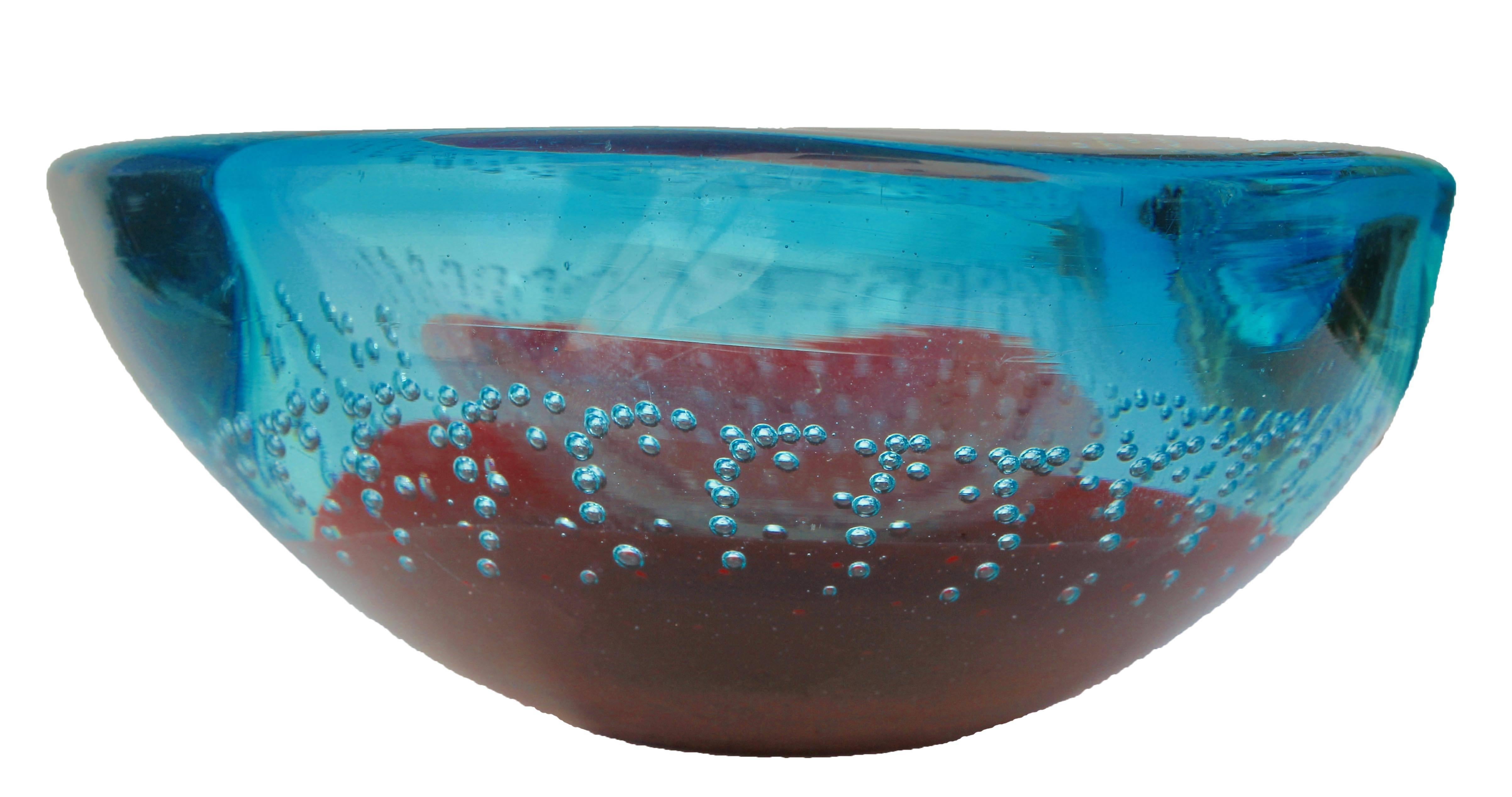 Italian  Galliano Ferro Red and Blue Controlled Bubbles Murano Glass Bowl